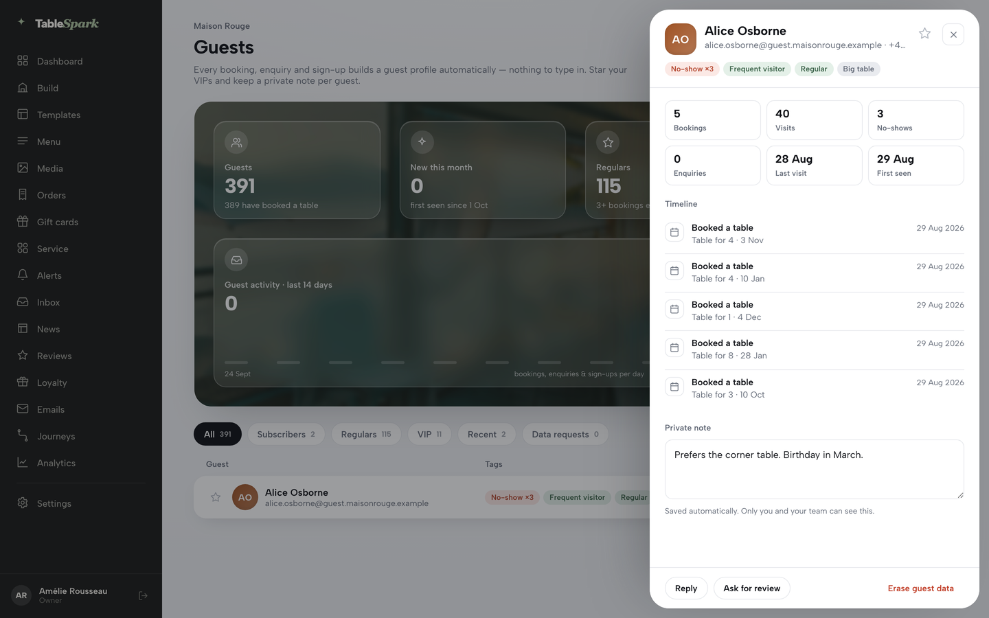 Practice screen: the guest drawer with the close button top right