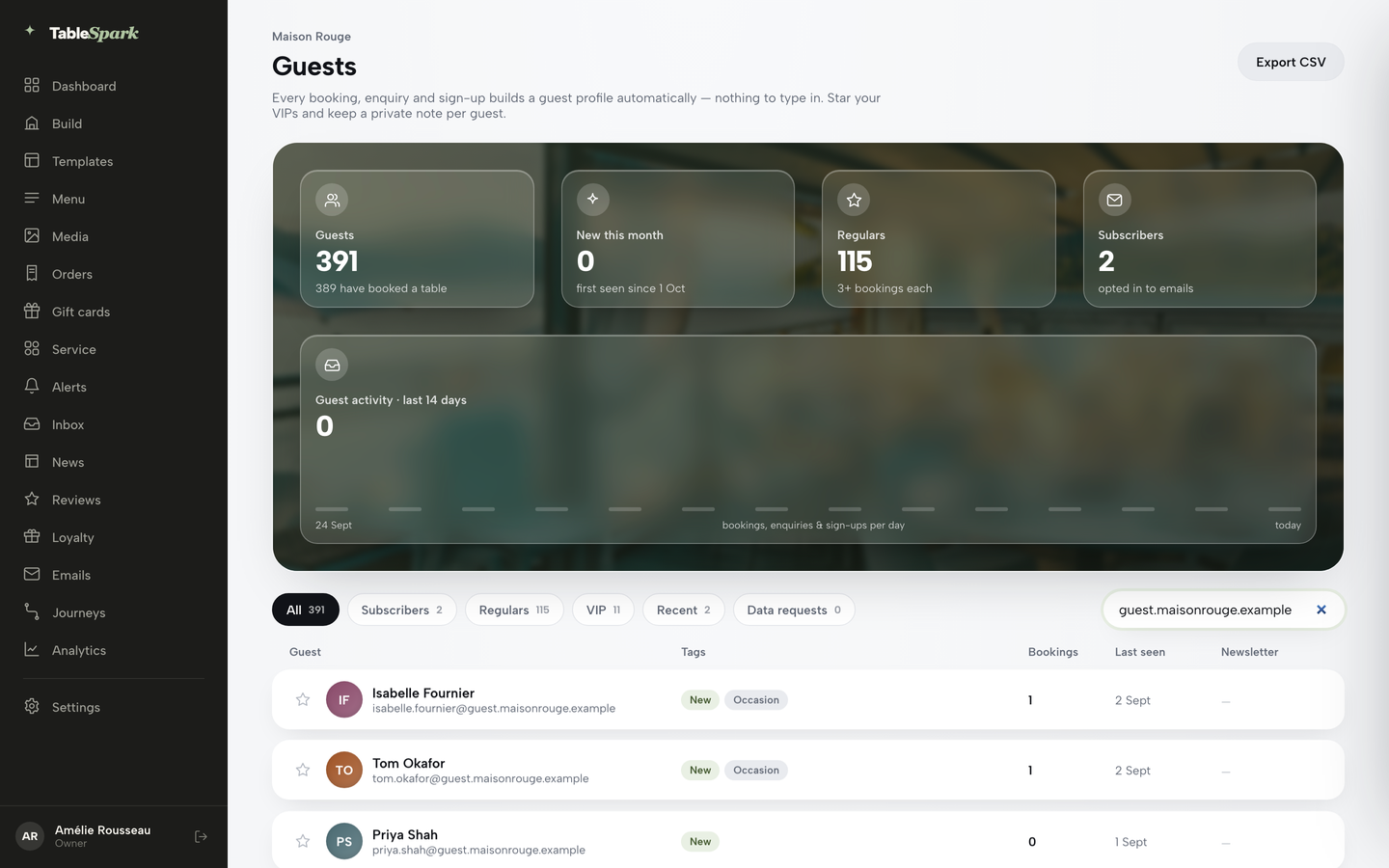 The Guests list with the segment pills and search box above the guest table