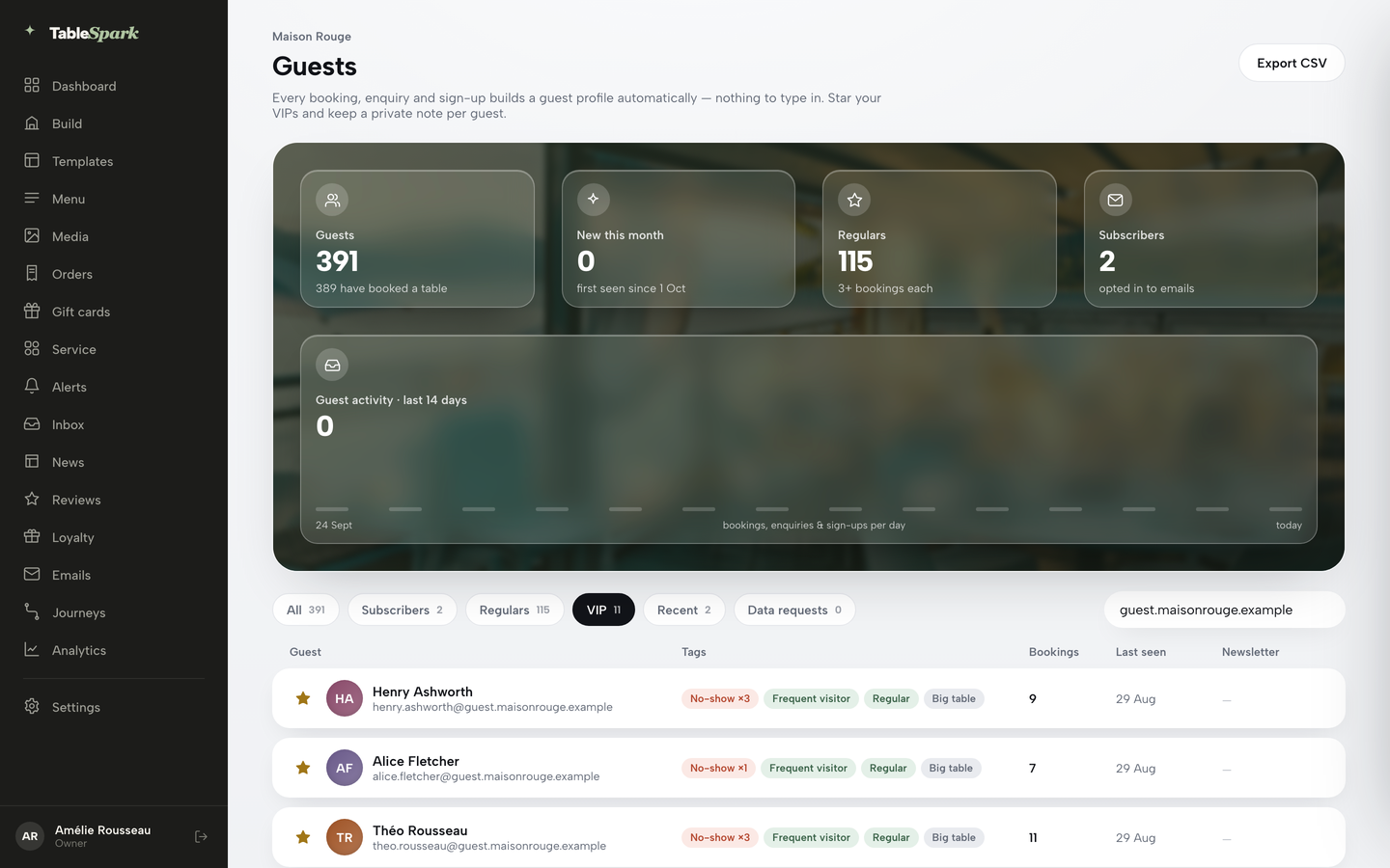 Practice screen: the Guests page with the Reviews link in the sidebar