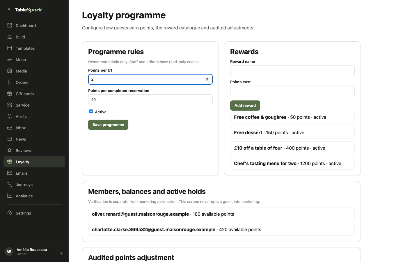 The Loyalty programme page with Points per pound changed in Programme rules and the Save programme button