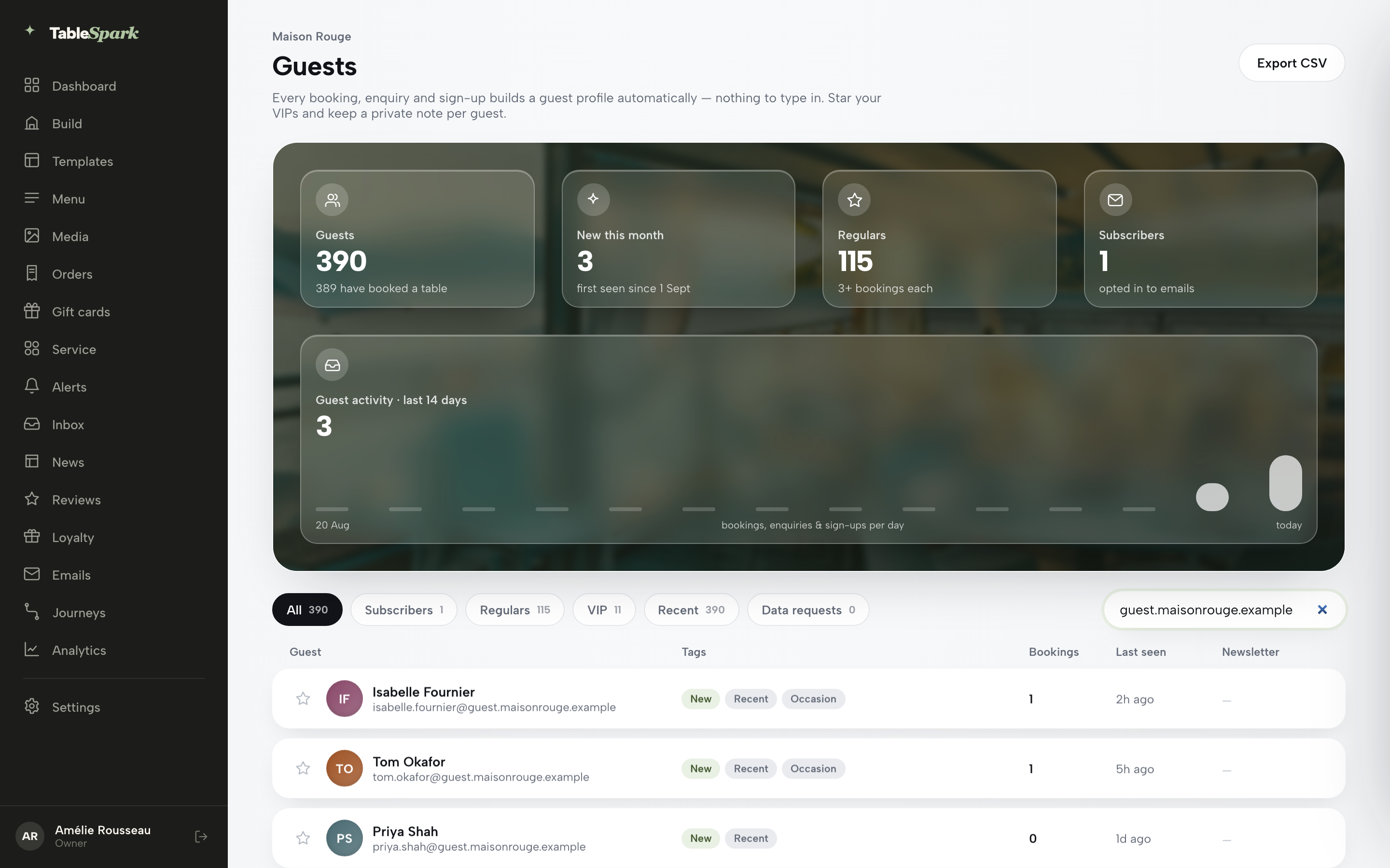 The Guests page: KPI tiles for Guests, New this month, Regulars and Subscribers, a 14-day activity chart, segment pills, a search box, and a table of guest rows with computed tags