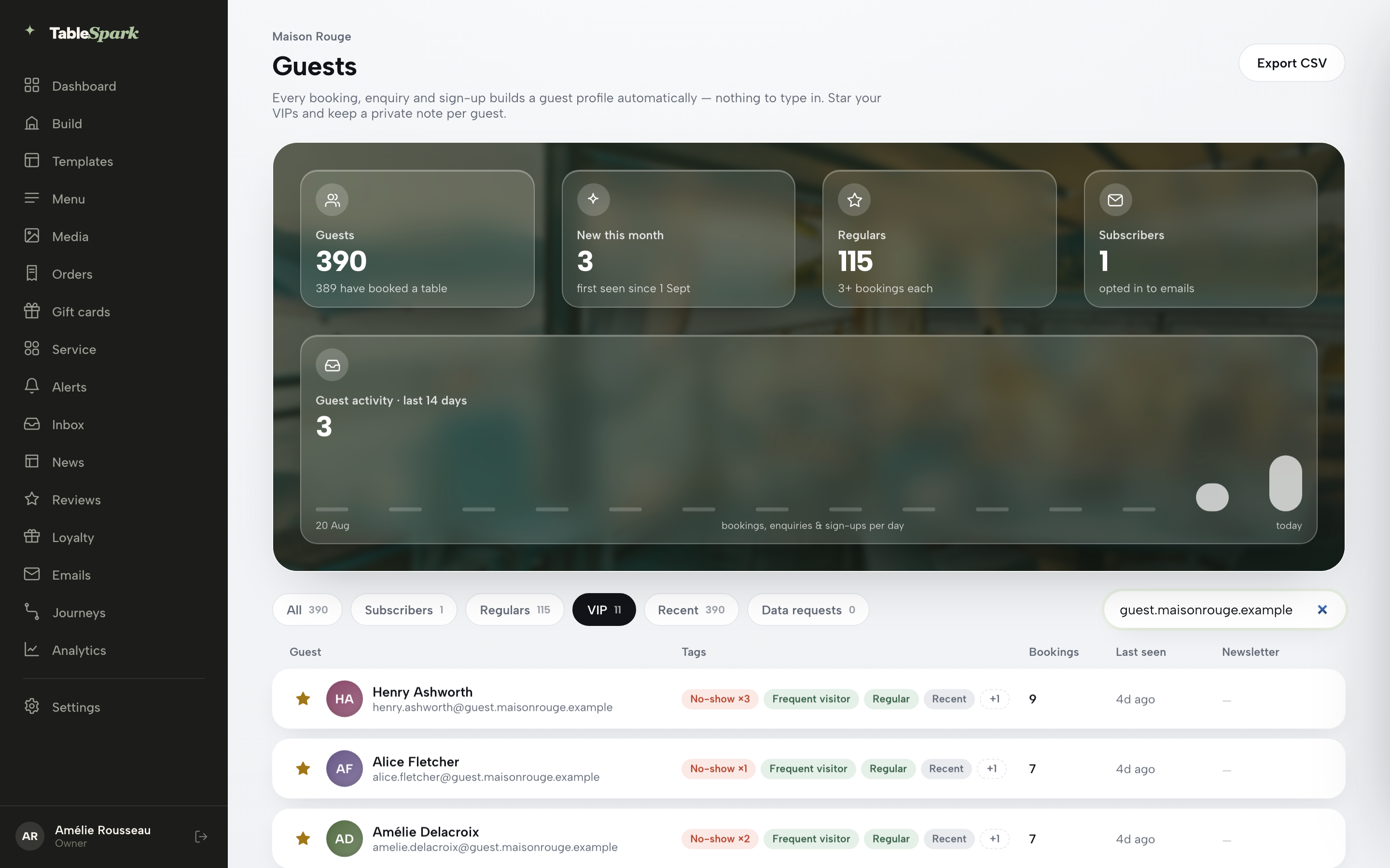 The Guests page filtered to the VIP segment: 11 VIPs, gold stars, and rows carrying No-show, Frequent visitor, Regular and Recent tags