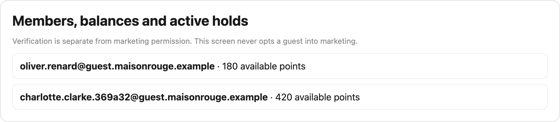 The Members, balances and active holds card on the Loyalty page, listing two verified members with their available points balances, and the note that verification is separate from marketing permission