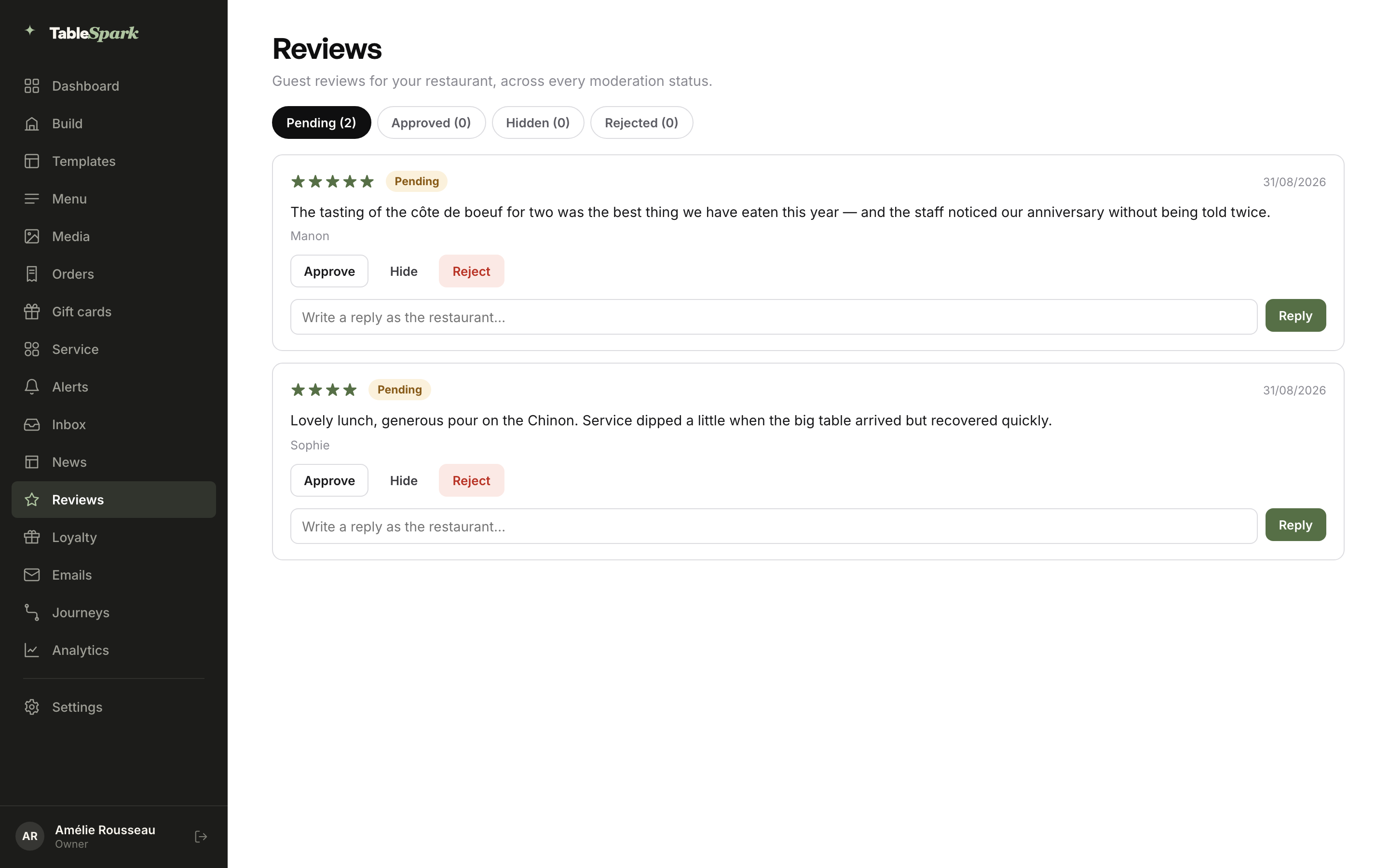 The Reviews page with two pending reviews: a five-star review from Manon about the cote de boeuf, and a four-star review from Sophie about lunch service, each with Approve, Hide, Reject buttons and a reply box