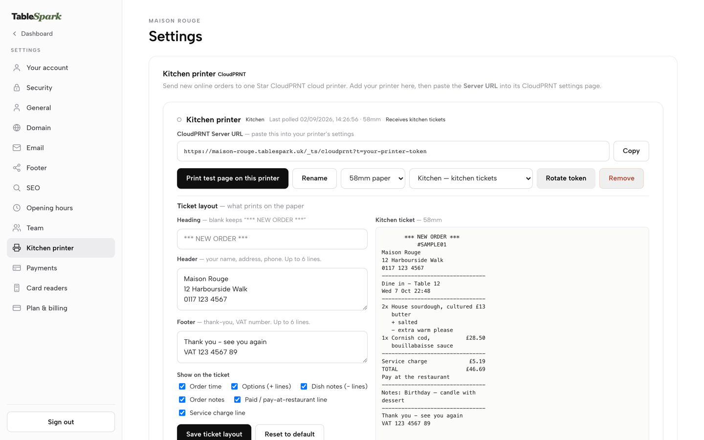 The ticket layout editor with Heading filled in as Kitchen pass, and the kitchen ticket preview updated to match