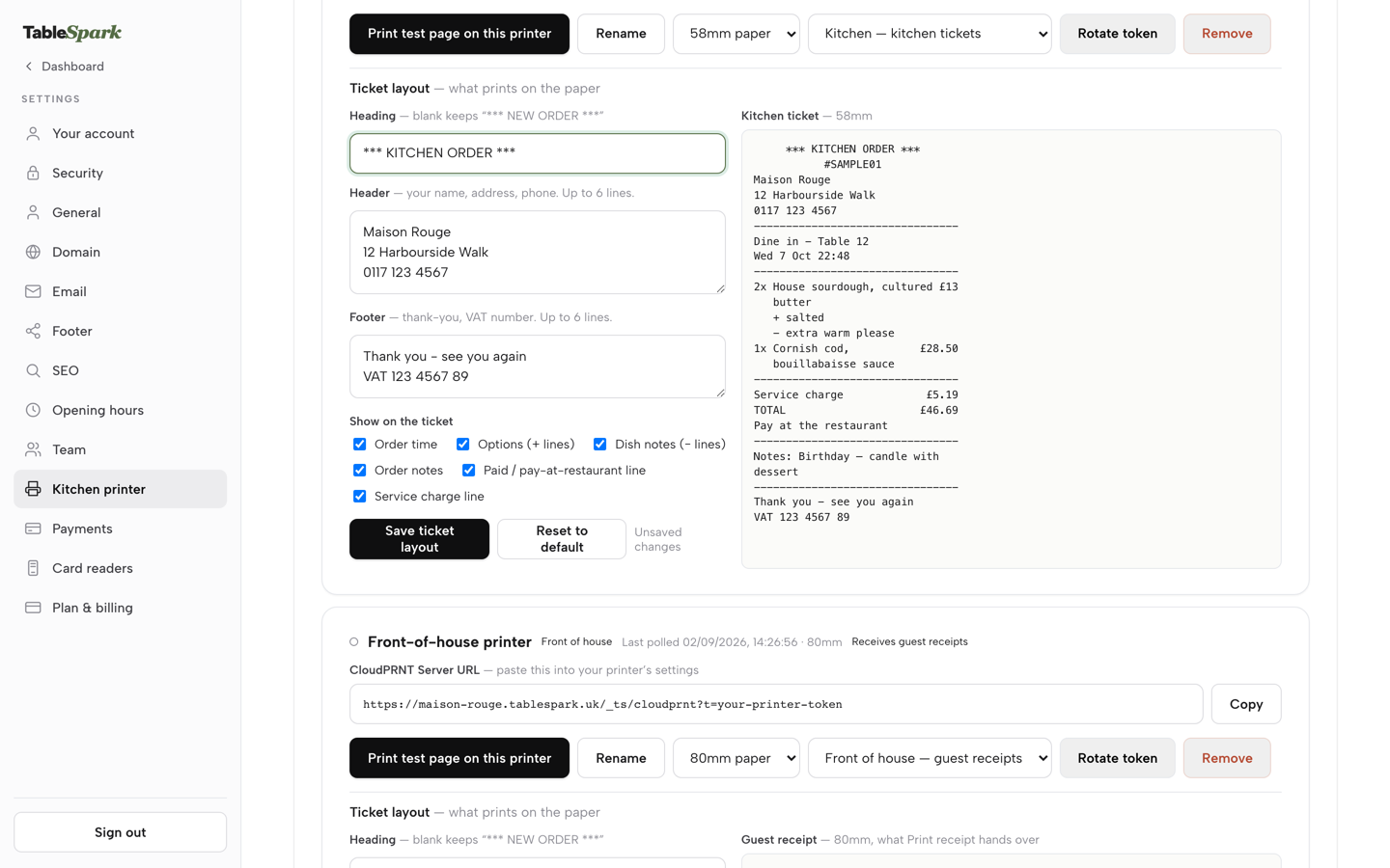 The ticket layout editor with the Heading changed to KITCHEN ORDER and the kitchen ticket preview updated to match