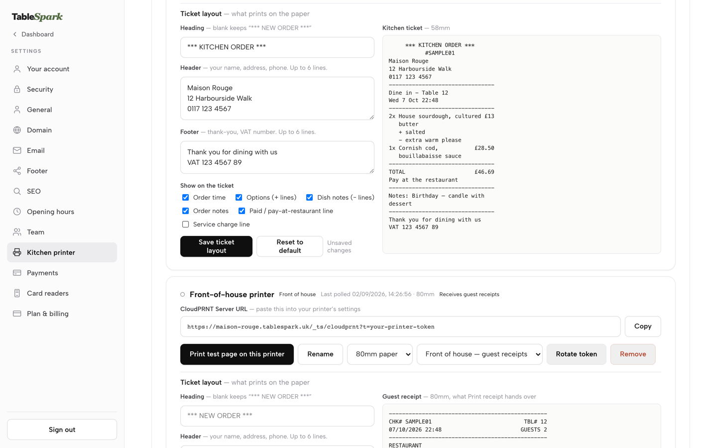 The Show on the ticket tick boxes with Service charge line unticked, the preview without the service charge line, and Unsaved changes beside Save ticket layout