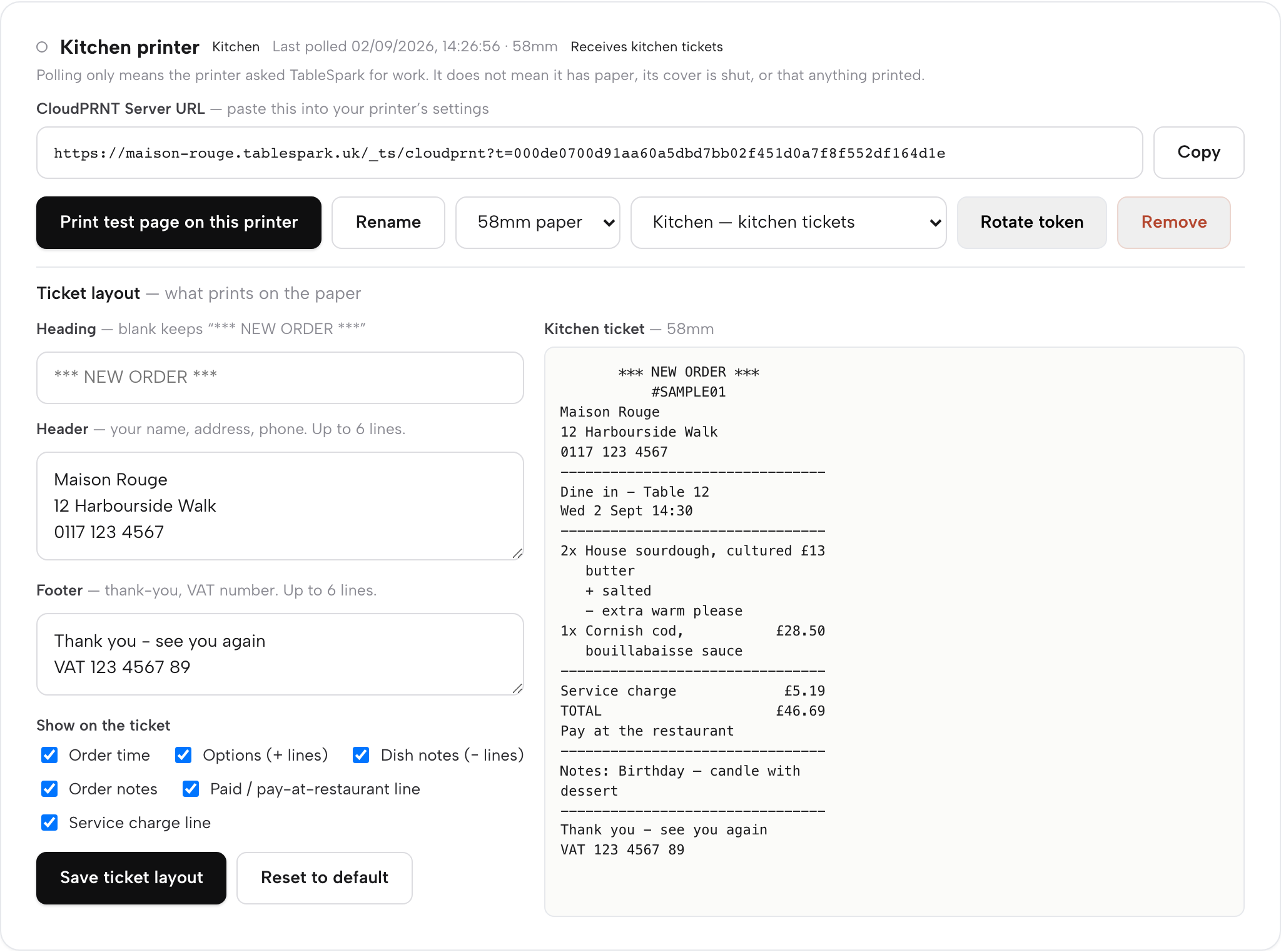 The Kitchen printer card: role set to Kitchen — kitchen tickets, last polled 58mm, the Server URL, Print test page, Rename, paper width and Rotate token controls, and the ticket layout editor with a live kitchen-ticket preview
