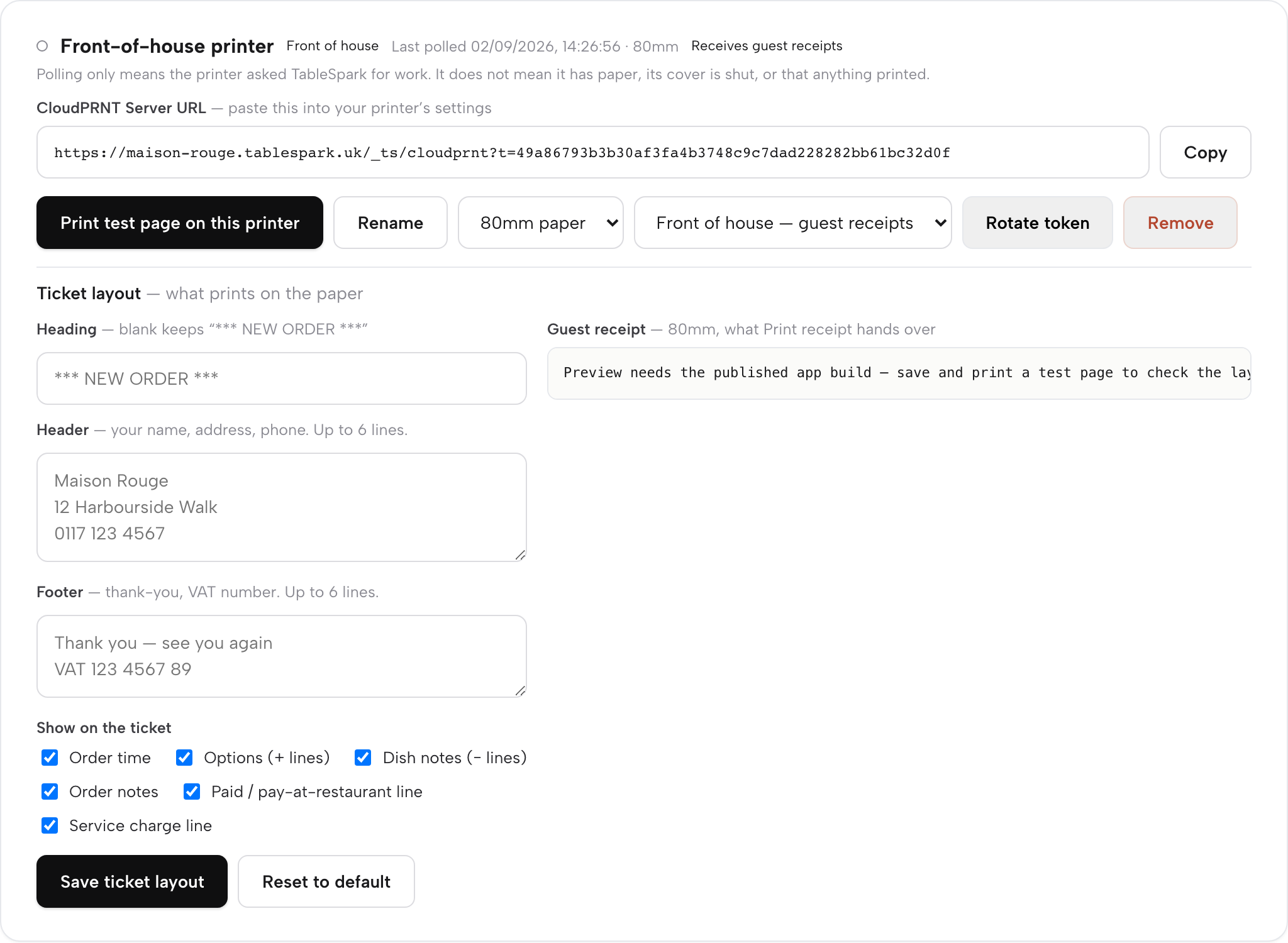 The Front-of-house printer card: role set to Front of house — guest receipts, the same Heading, Header, Footer fields and six toggles, and the Guest receipt preview pane