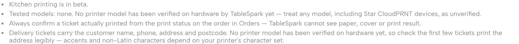 The four notices above the printer list: kitchen printing is in beta, no tested models, confirm print status in Orders, and the note about delivery-ticket character sets