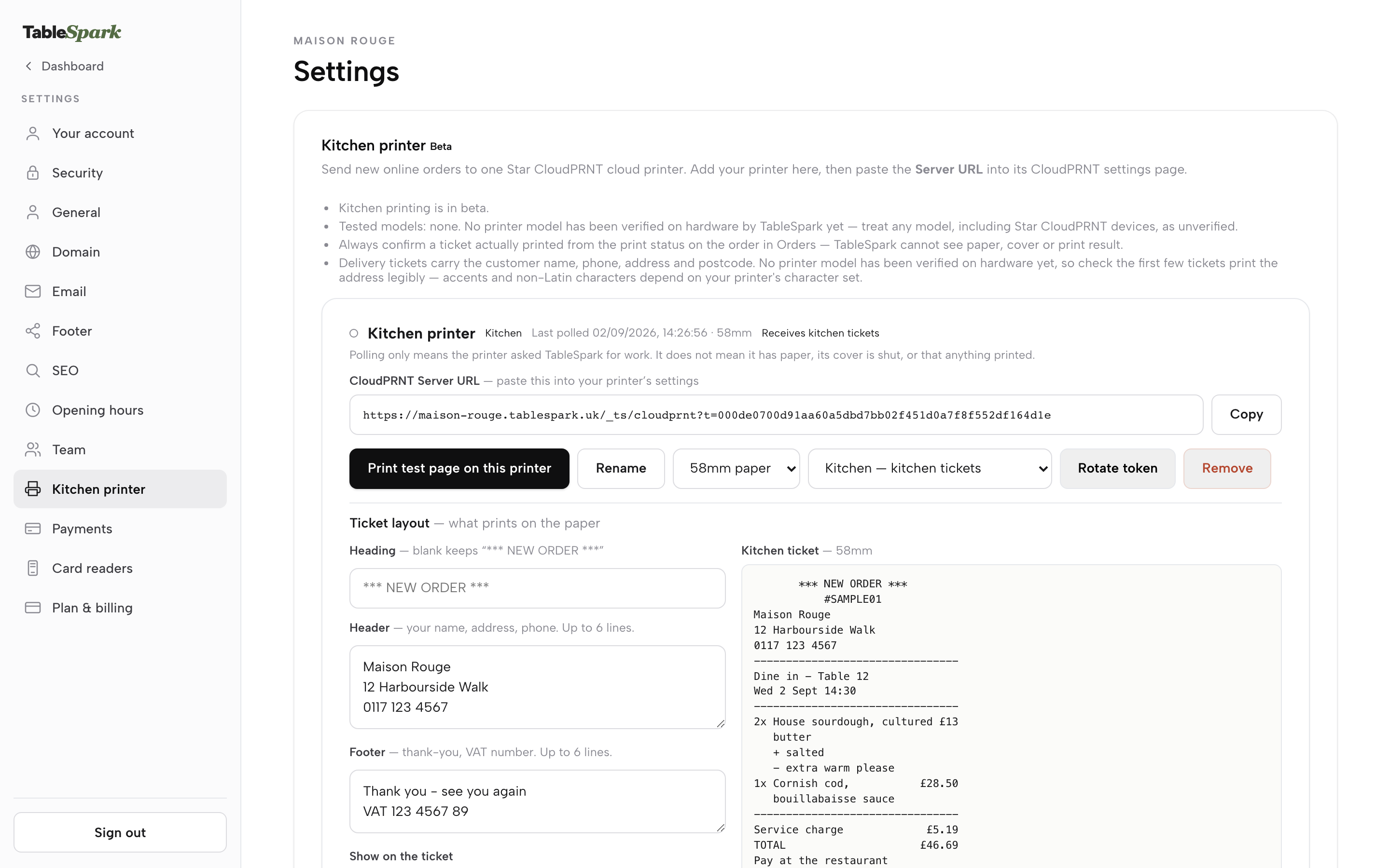 Settings with Kitchen printer selected in the left nav: the Beta chip, four honesty notices, and the Kitchen printer card beneath them