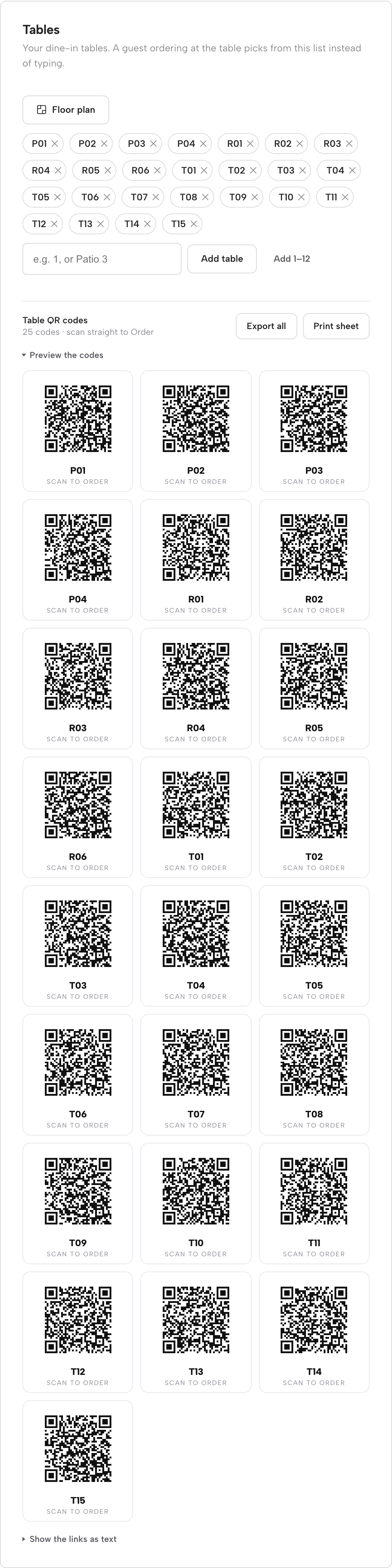 The Dashboard's Tables card: table chips, the Table QR codes block, and the expanded QR code grid after Preview the codes