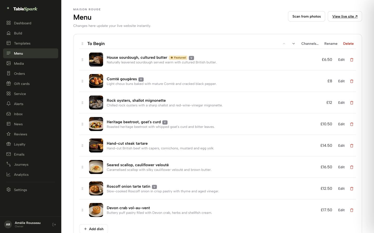 The Menu page with the To Begin section and its dishes, and the Scan from photos and View live site buttons top right