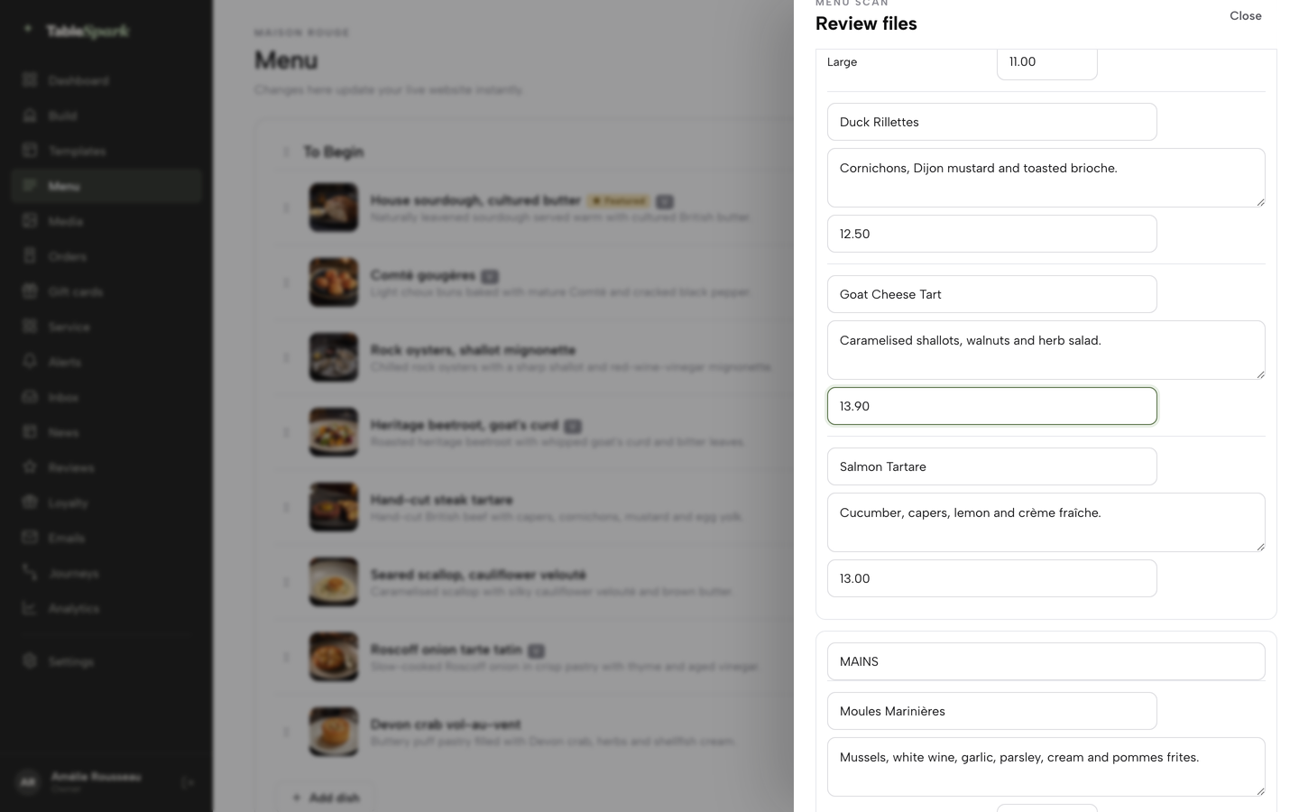 The menu scan review in TableSpark: both languages detected, a Review needed flag, and editable dish name, description and price fields