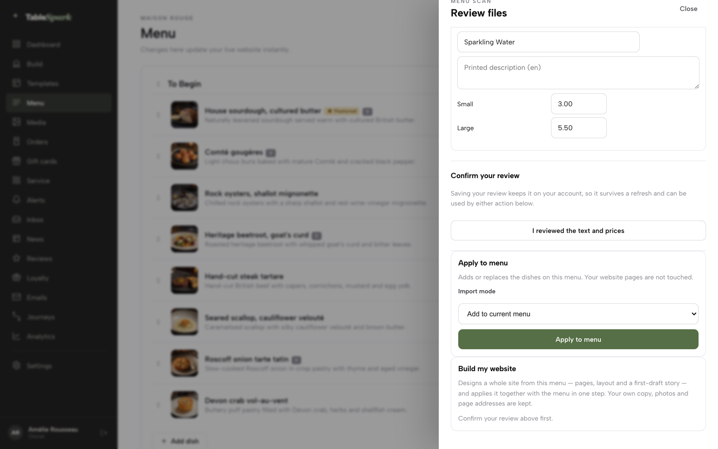 The scan review scrolled to Confirm your review, with the I reviewed the text and prices button