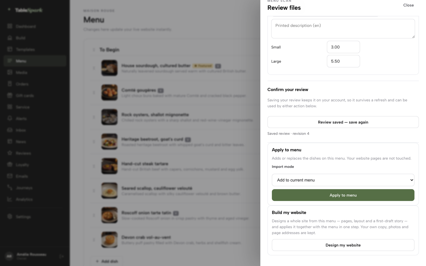 The saved review above the Apply to menu card, with Add to current menu chosen, and the Design my website card below