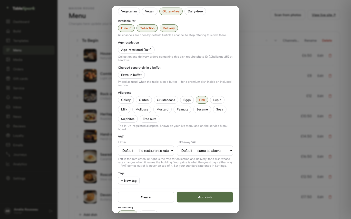 The TableSpark dish editor scrolled to the Allergens chips with Fish ticked