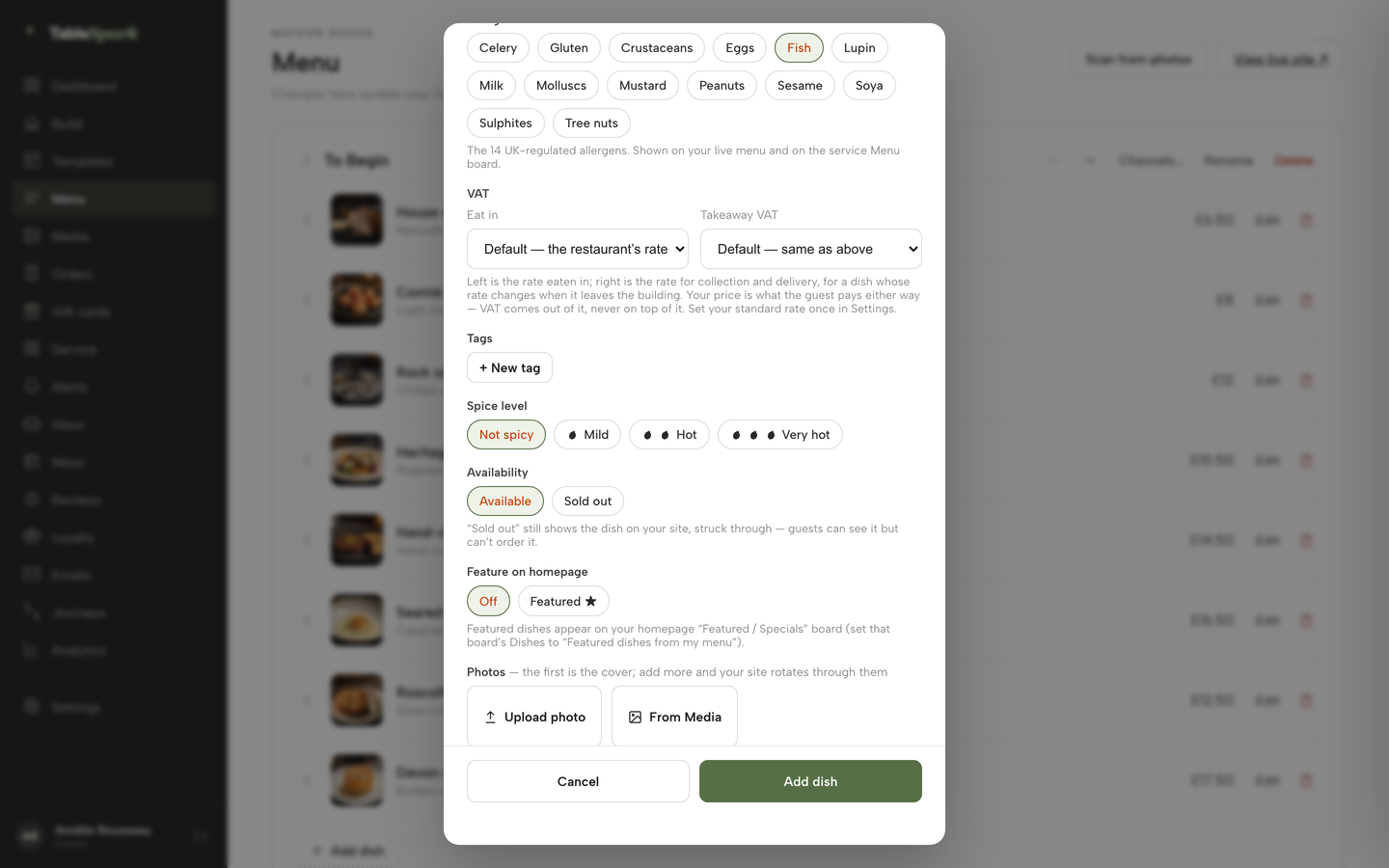 The TableSpark dish editor's Allergens chips with Gluten switched on
