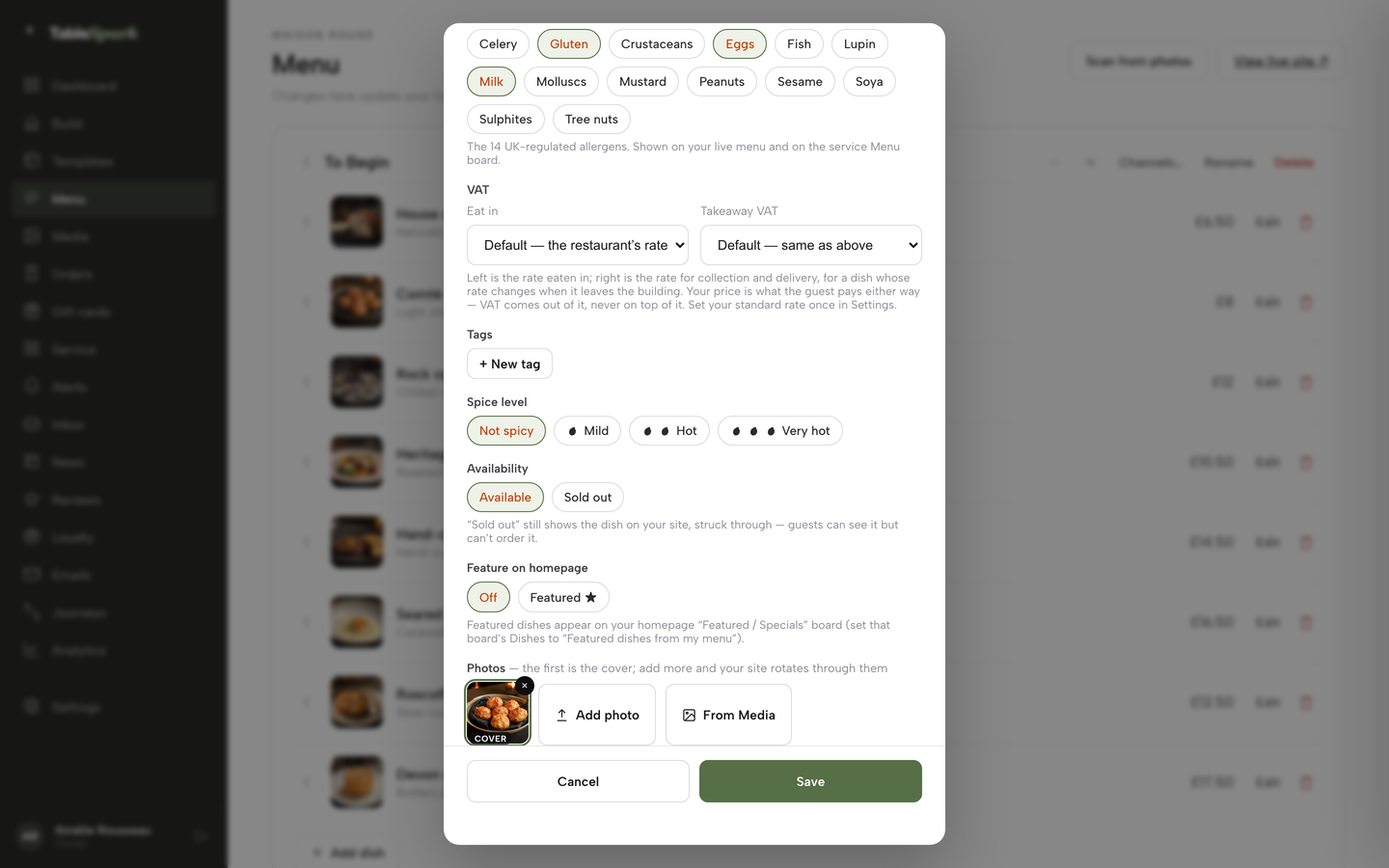 The TableSpark dish editor scrolled to Availability with the Sold out chip