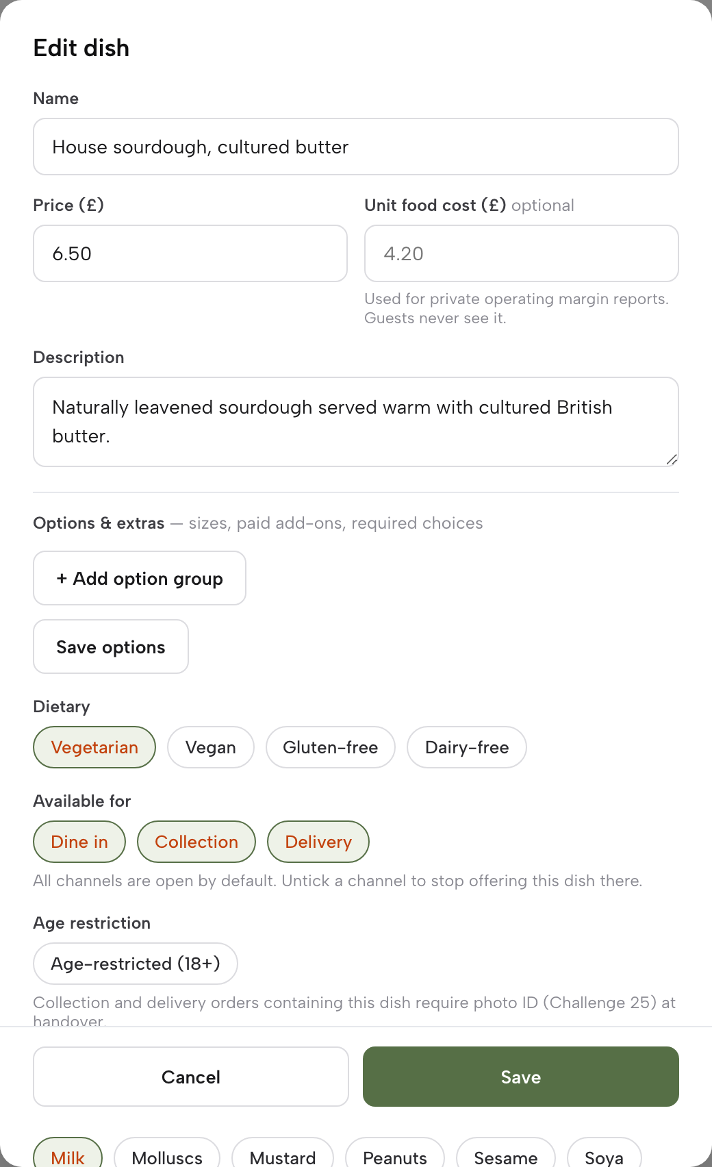 The dish editor modal showing Name, Price, Unit food cost, Description and the start of Options and extras