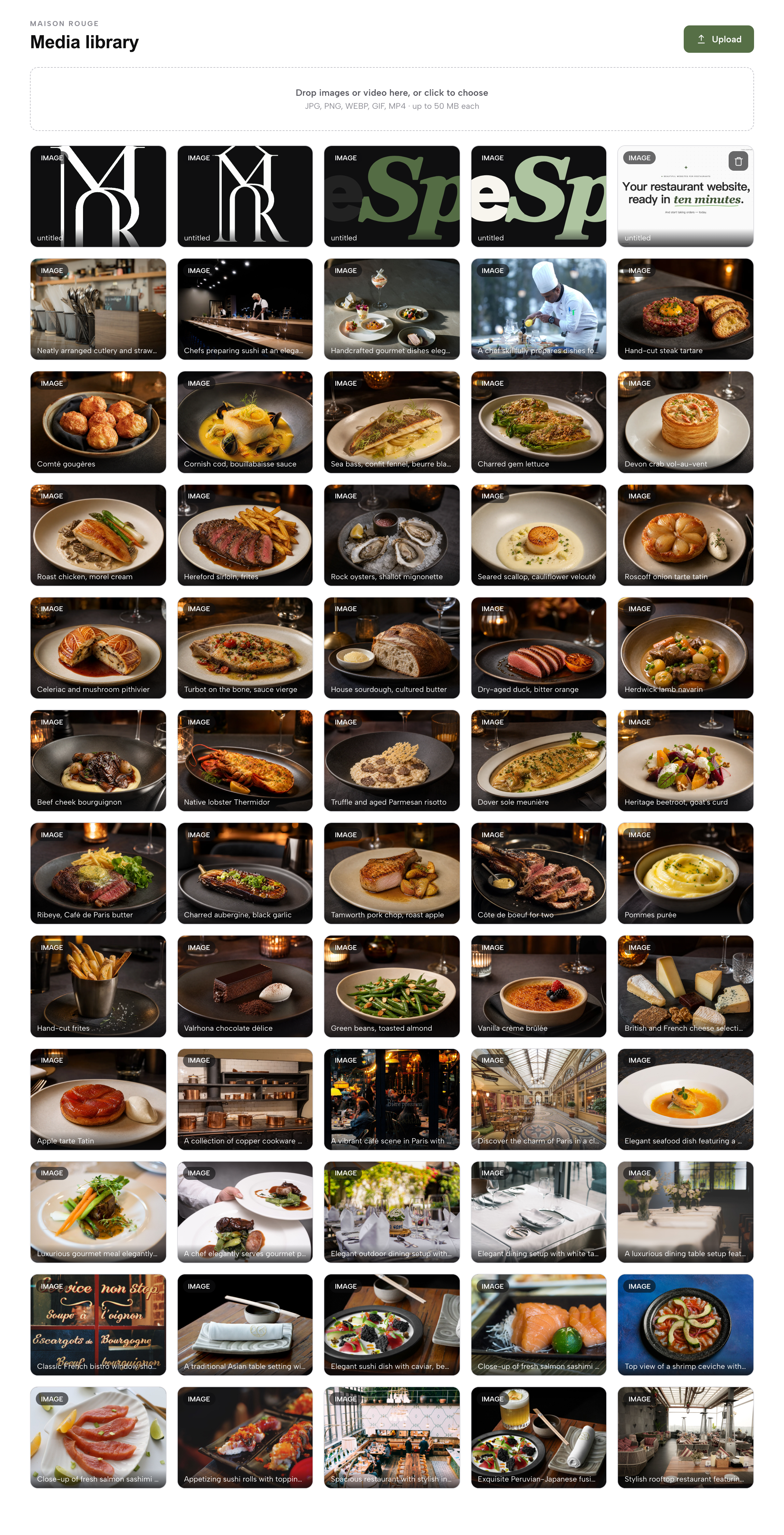 The Media library grid: uploaded photos and video with filename captions and a Delete action per tile