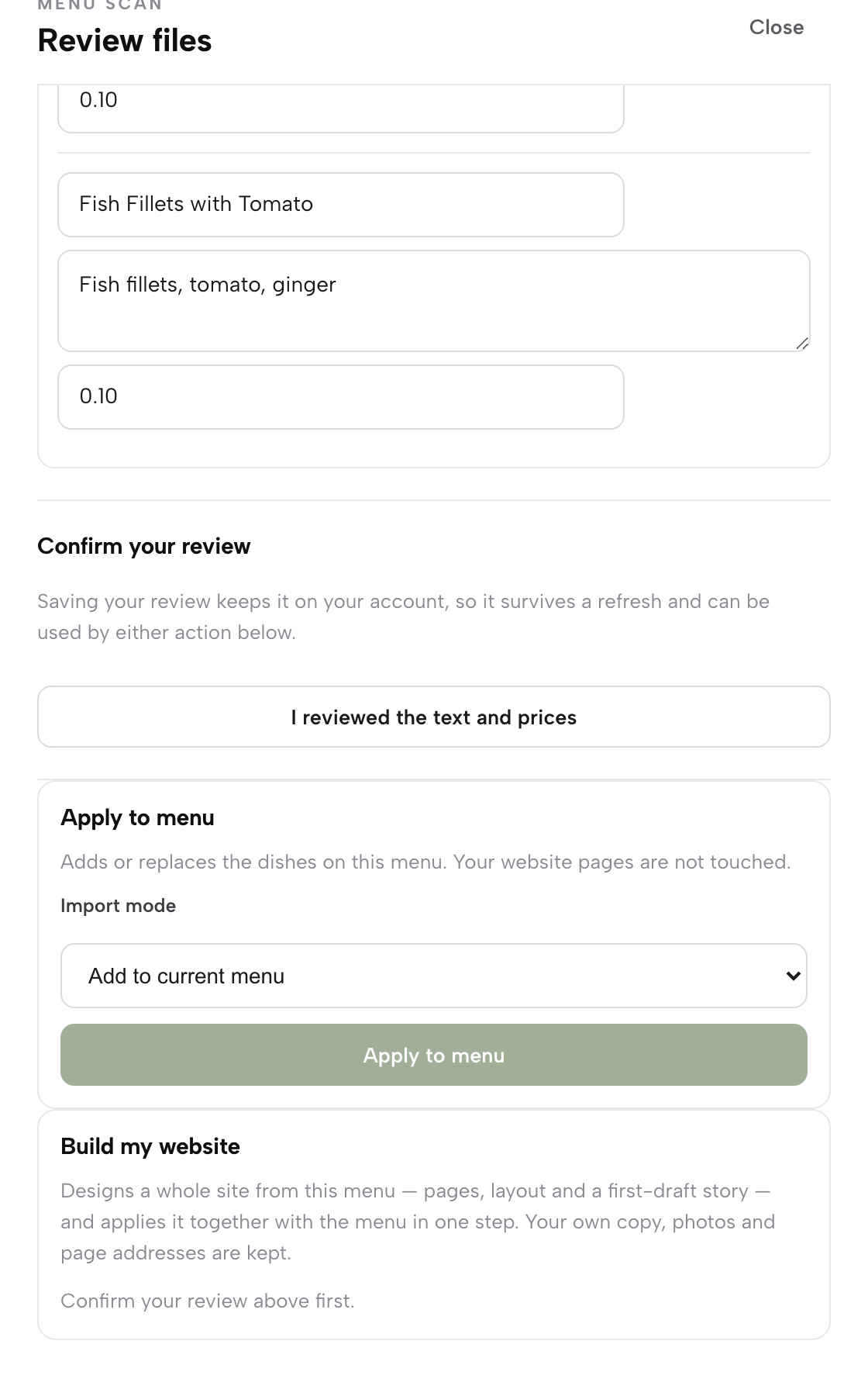 The confirm-review button above the two action cards: Apply to menu with its import mode select, and Build my website, which asks you to confirm your review first