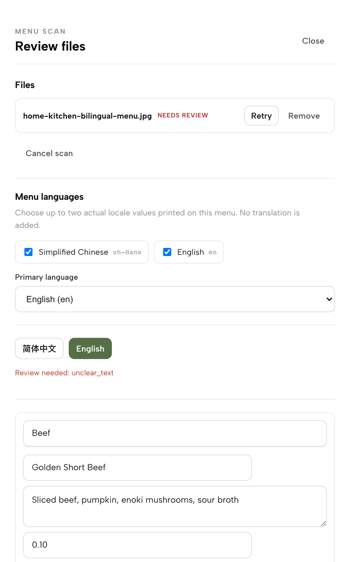 The scan review: a bilingual menu detected as Simplified Chinese and English, a primary-language picker, a 'Review needed: unclear_text' flag, and editable dish rows with name, description and price