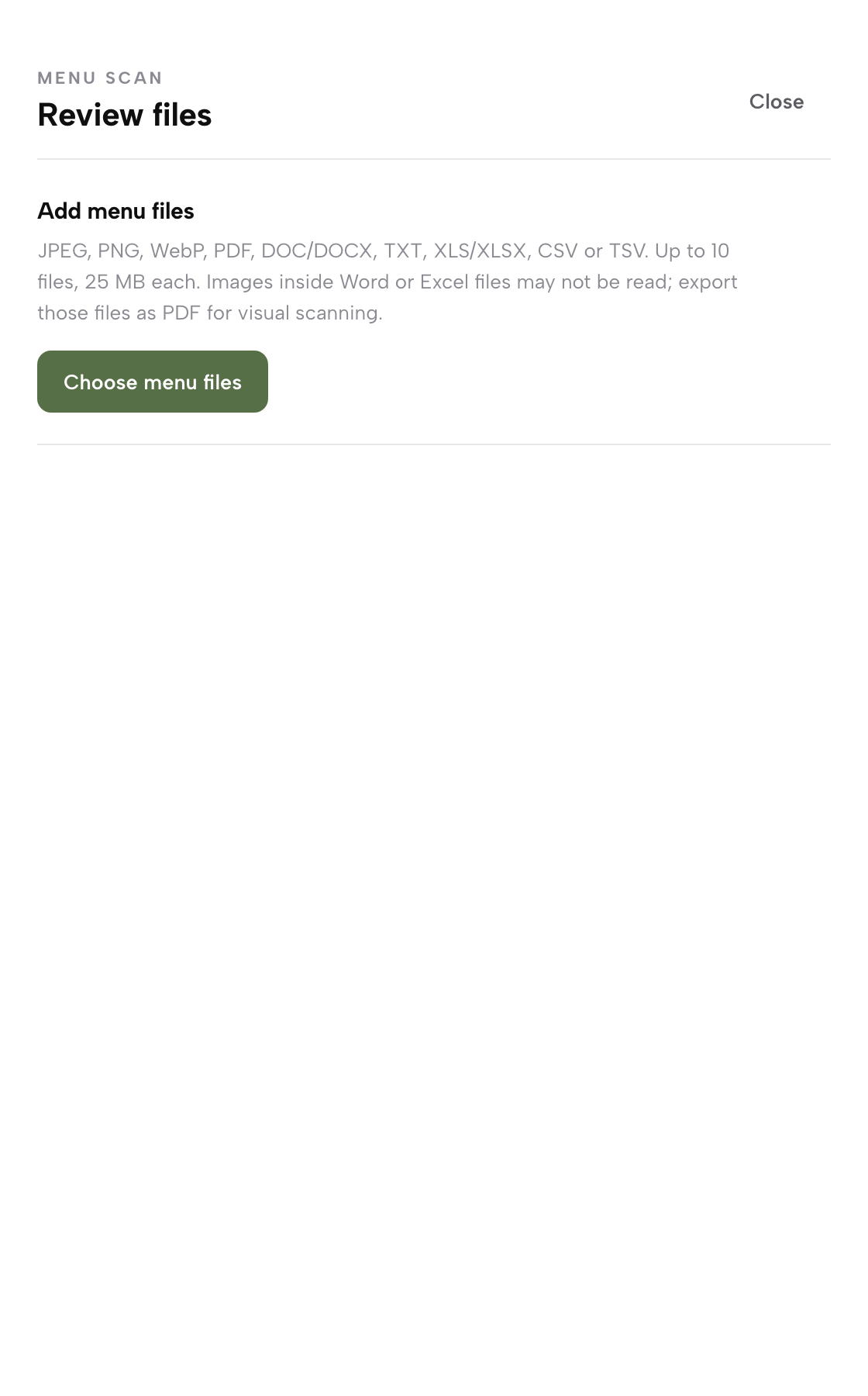 The Menu scan drawer's Review files step: accepted file types and sizes, and the Choose menu files button