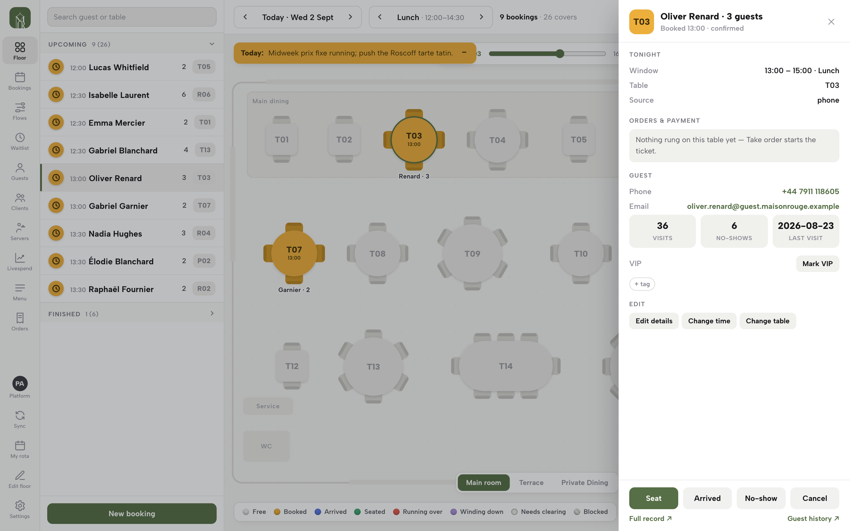 A booked, unarrived booking's sheet for Oliver Renard, table T03, three guests, with Seat, Arrived, No-show and Cancel buttons and the guest's visit history