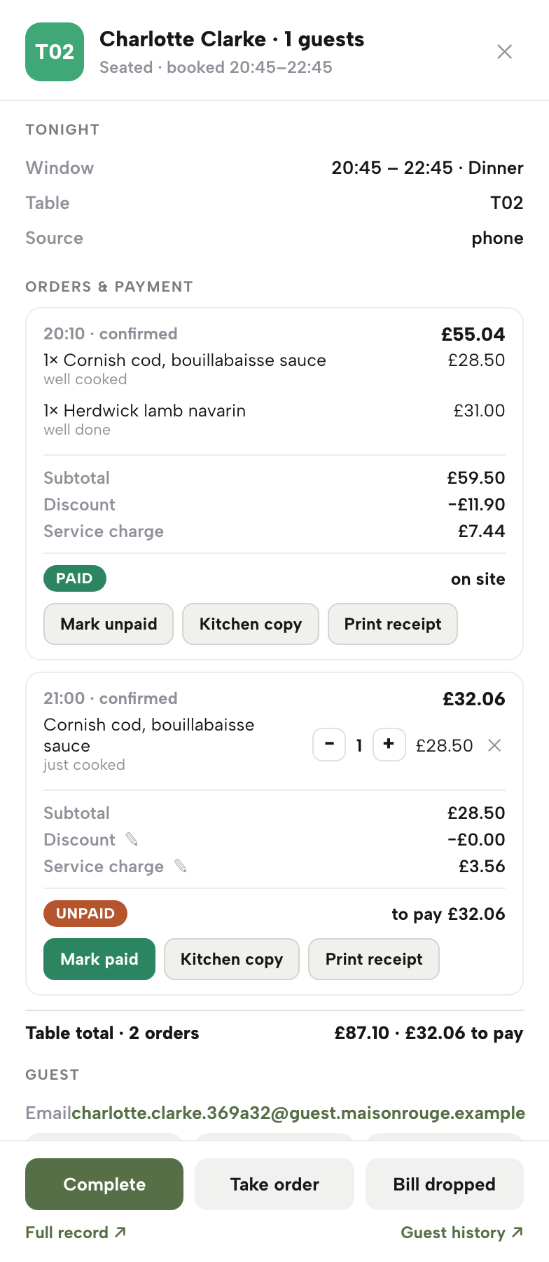 A seated party's till with two orders: an earlier order already marked paid on site with Mark unpaid, Kitchen copy and Print receipt buttons, and a second unpaid order with quantity steppers, a remove control, and editable discount and service charge lines