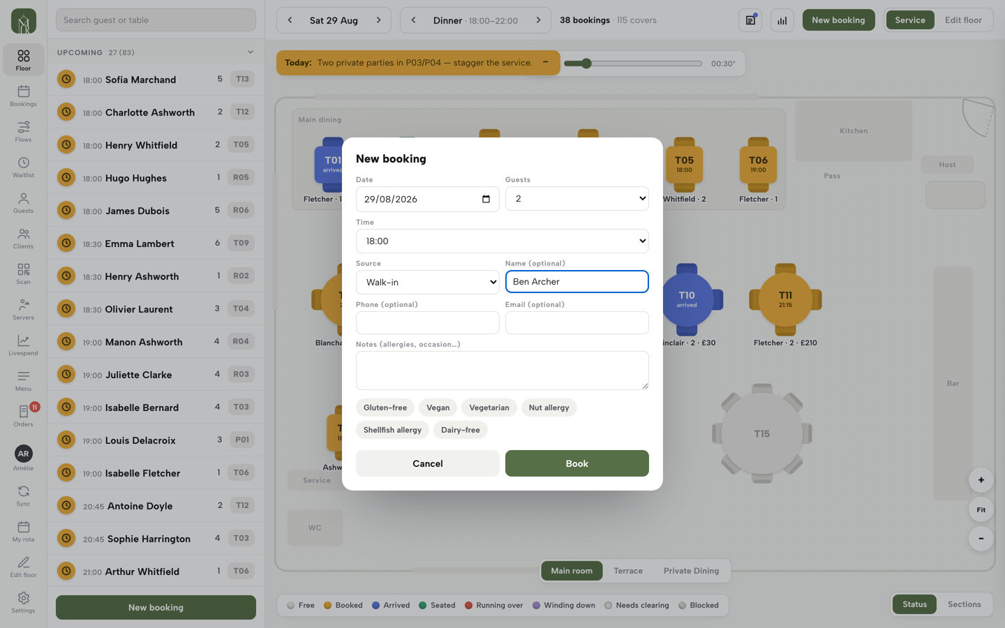 The New booking form set to Walk-in with a name typed, ready to book
