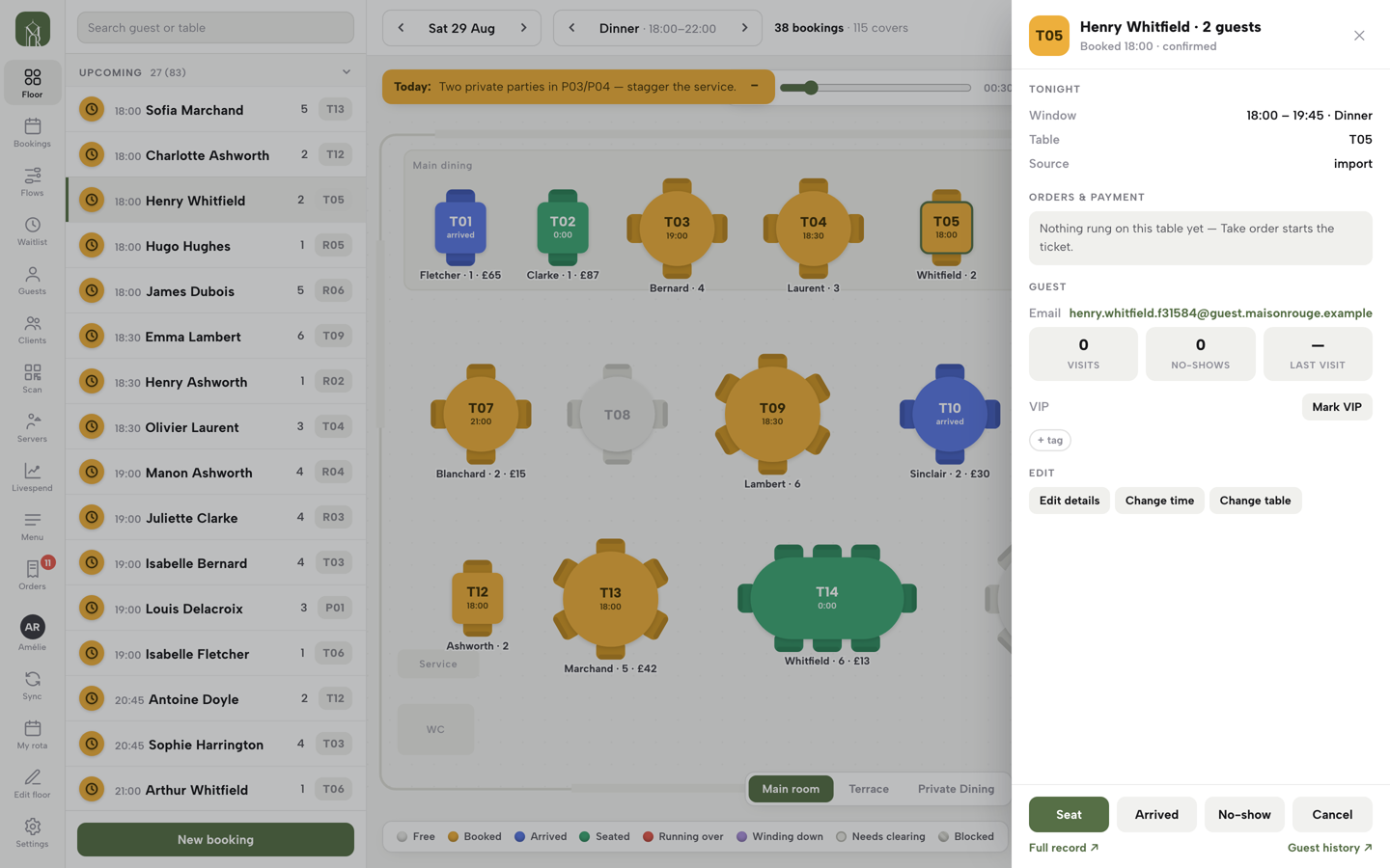A booked party's sheet with Seat, Arrived, No-show and Cancel buttons