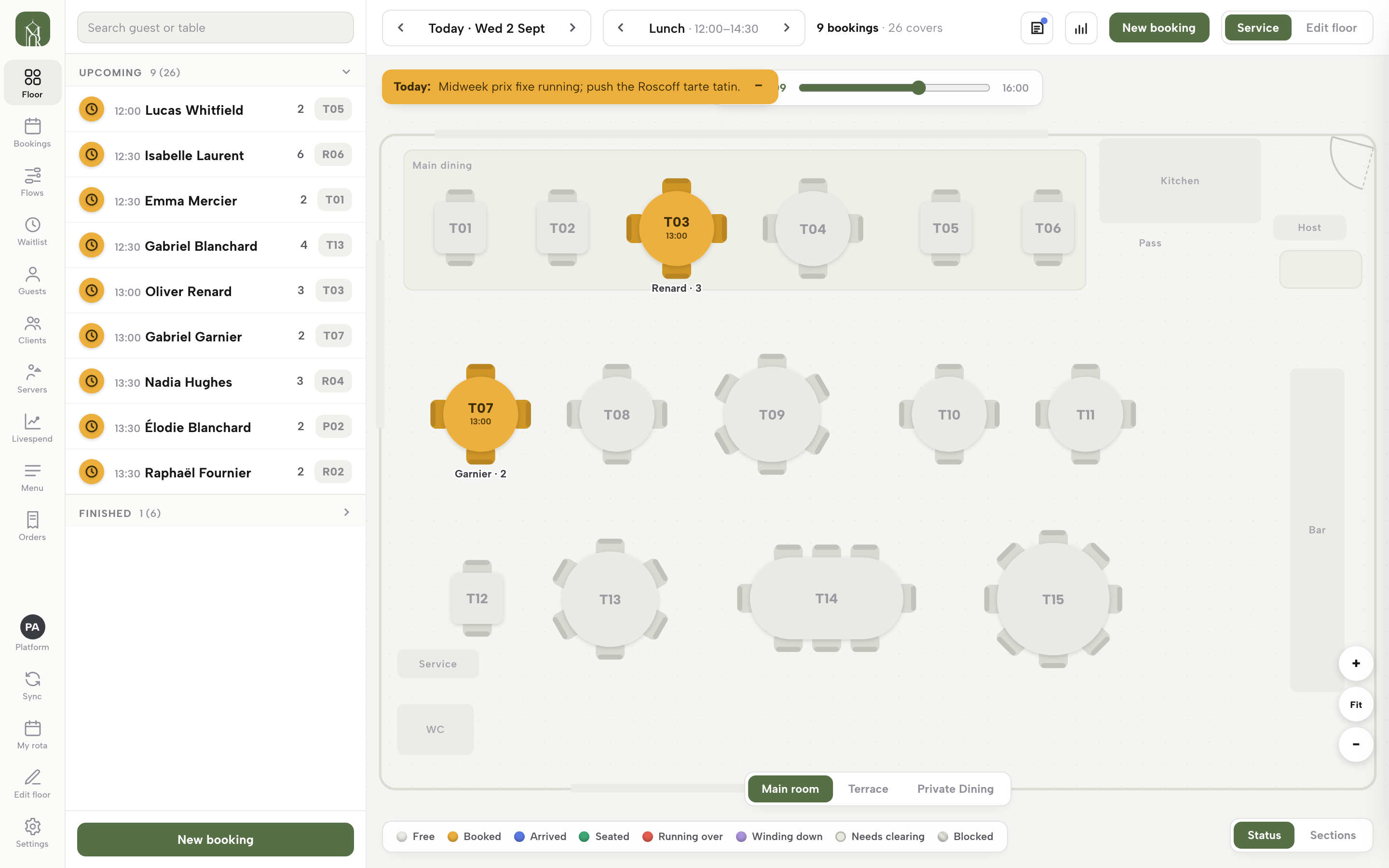 The live service floor for today's lunch: date and service switcher, bookings list on the left, tables coloured by status, and a day note banner across the top