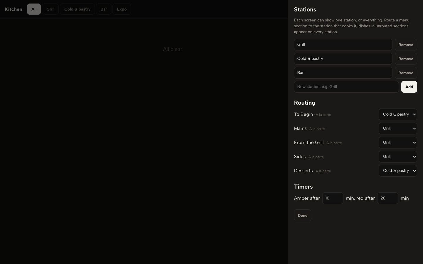 The Stations drawer with To Begin and Desserts routed to Cold and pastry, and Mains, From the Grill and Sides routed to Grill