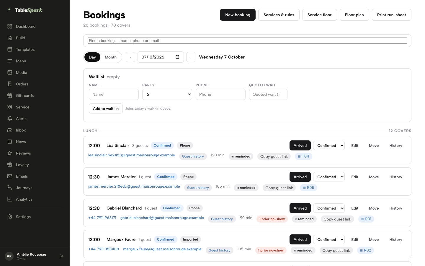 The Bookings page with New booking, Services and rules, Service floor, Floor plan and Print run-sheet