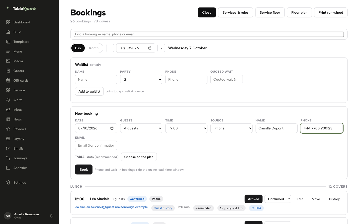 A booking quick-action sheet with Seat, Arrived, No-show and Cancel, plus Full record and Guest history links