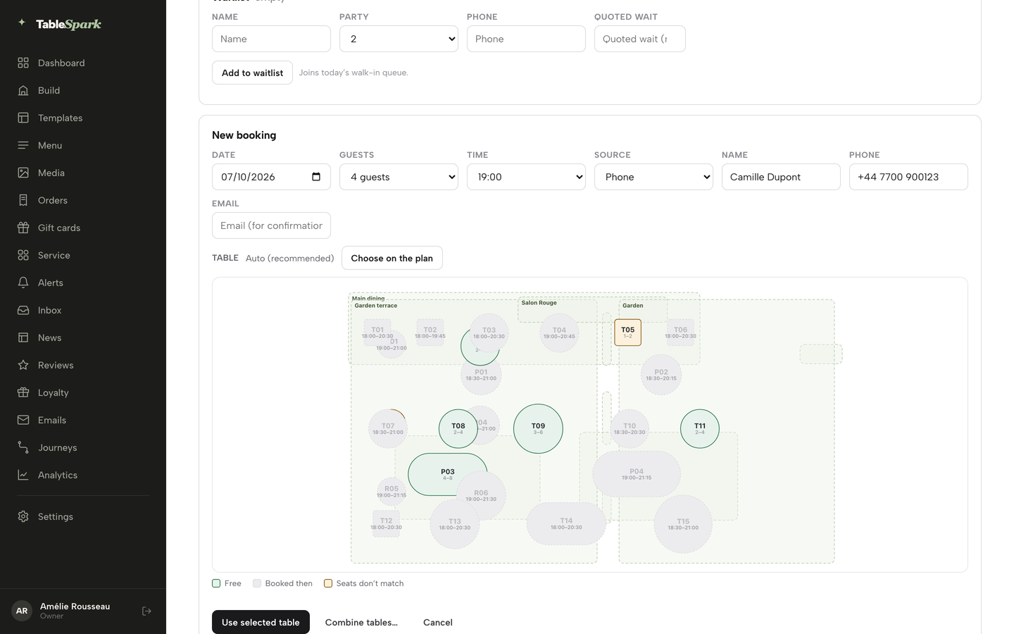 The table picker, a mini floor plan with free, booked and mismatched tables coloured