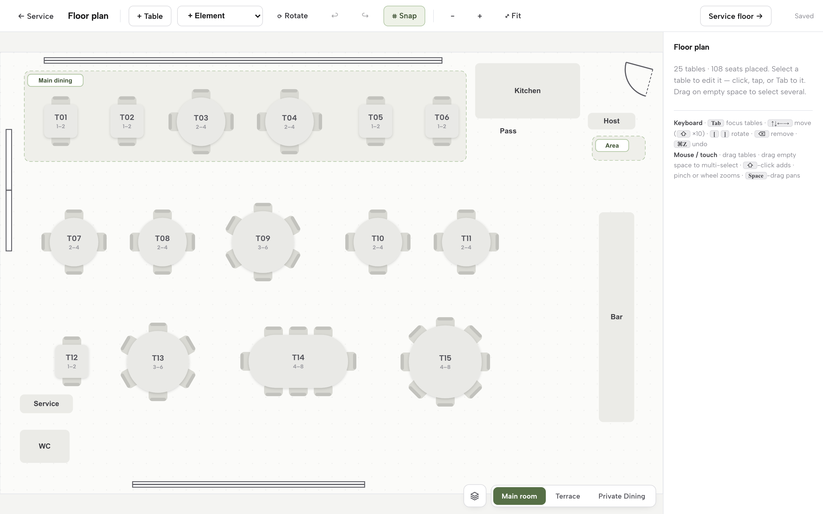 The Floor plan editor: toolbar with plus Table, plus Element, Rotate, Snap and Fit; a canvas with fifteen labelled tables around a Kitchen, Pass, Host, Bar and WC; and a Main room, Terrace, Private Dining pill switcher bottom right