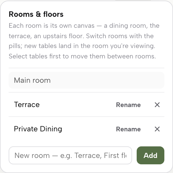 The Rooms and floors panel: explanatory text, a Main room row, Terrace and Private Dining rows each with Rename and delete buttons, and a New room add field with an Add button