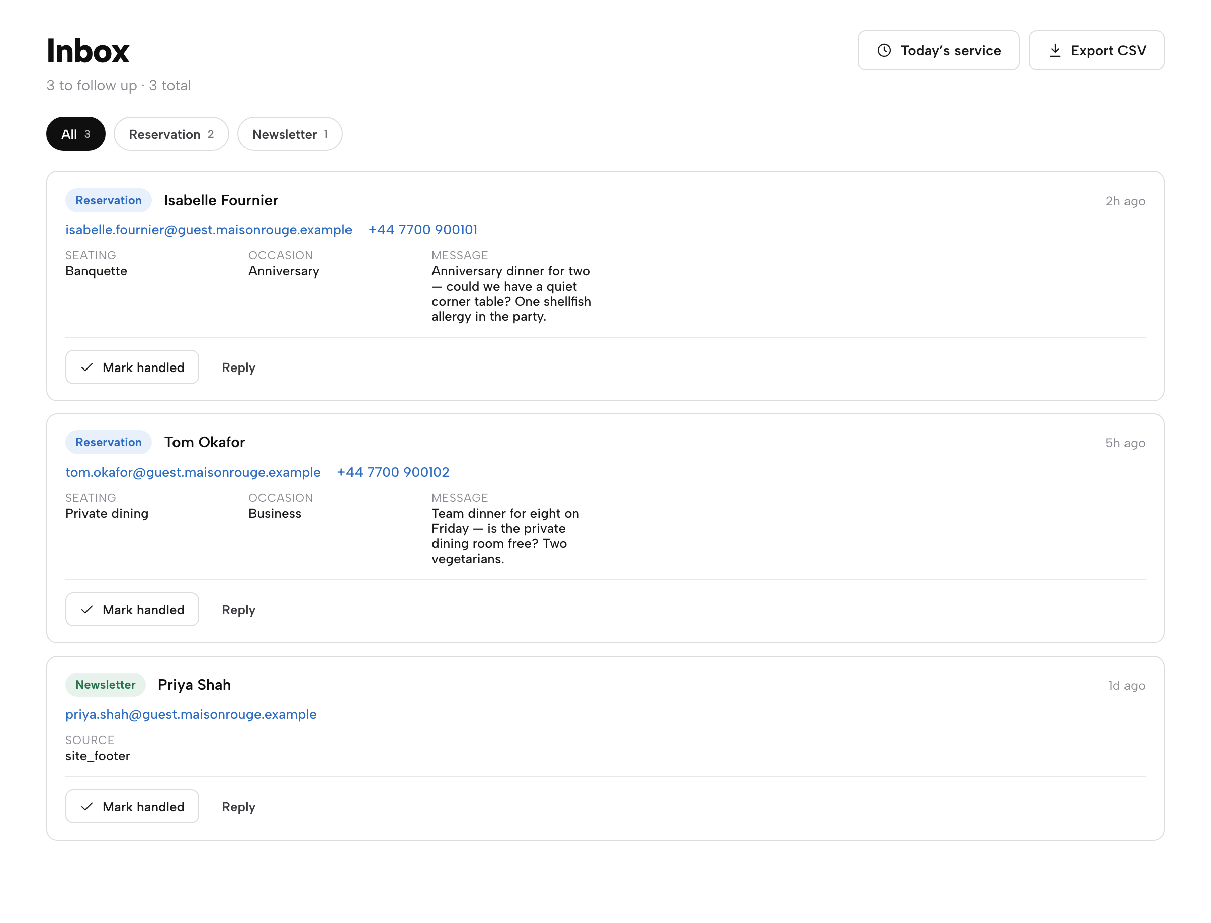 The Inbox with three leads: two Reservation enquiries showing seating, occasion and message fields, and one Newsletter sign-up, each with Mark handled and Reply buttons
