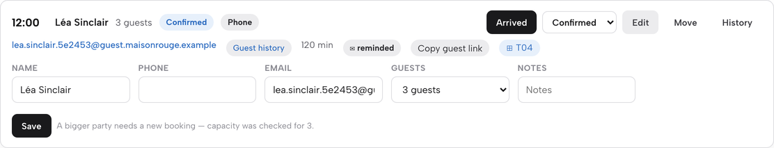 A booking row with its Edit form open: Name, Phone, Email, Guests and Notes fields, a Save button and a note that a bigger party needs a new booking