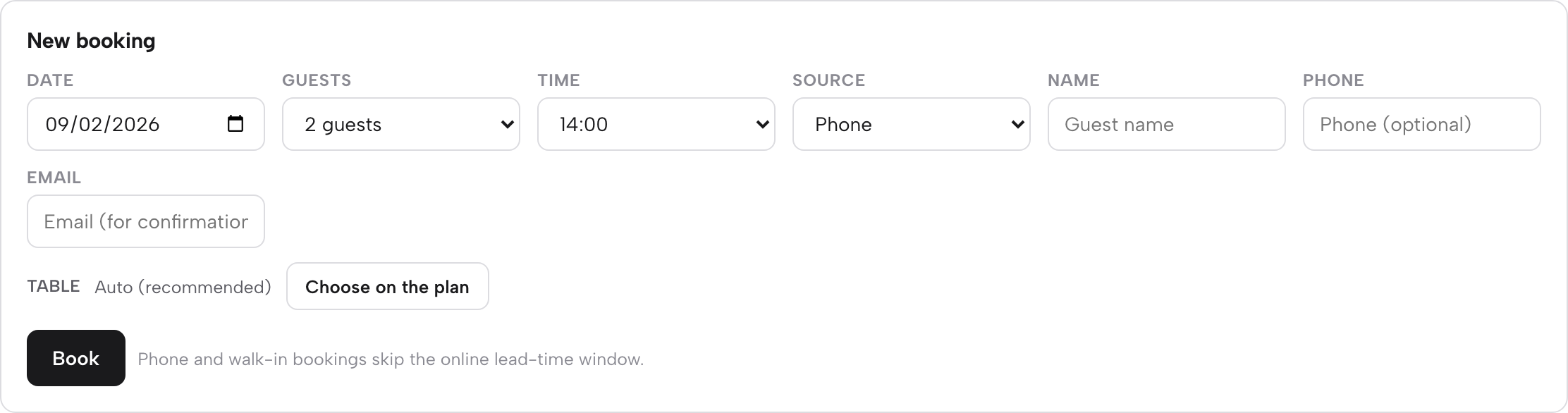 The New booking form: Date, Guests, Time, Source, Name, Phone and Email fields, a TABLE row set to Auto (recommended) with a Choose on the plan button, and a Book button