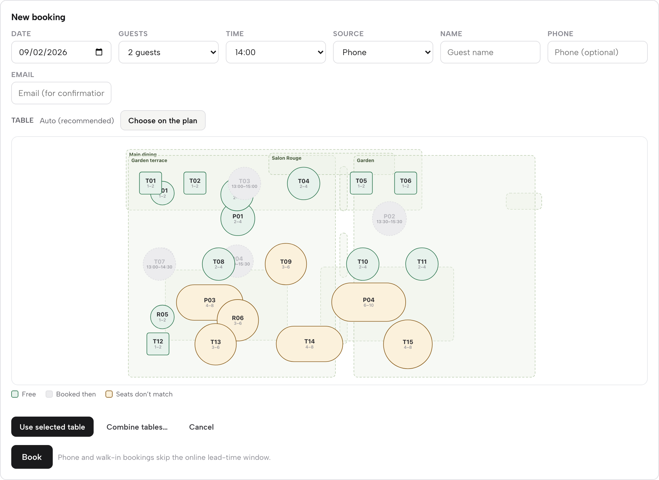 The table picker below the New booking form: a mini floor plan with tables coloured free (green), booked then (grey) and seats don't match (amber), a legend, and Use selected table, Combine tables and Cancel buttons