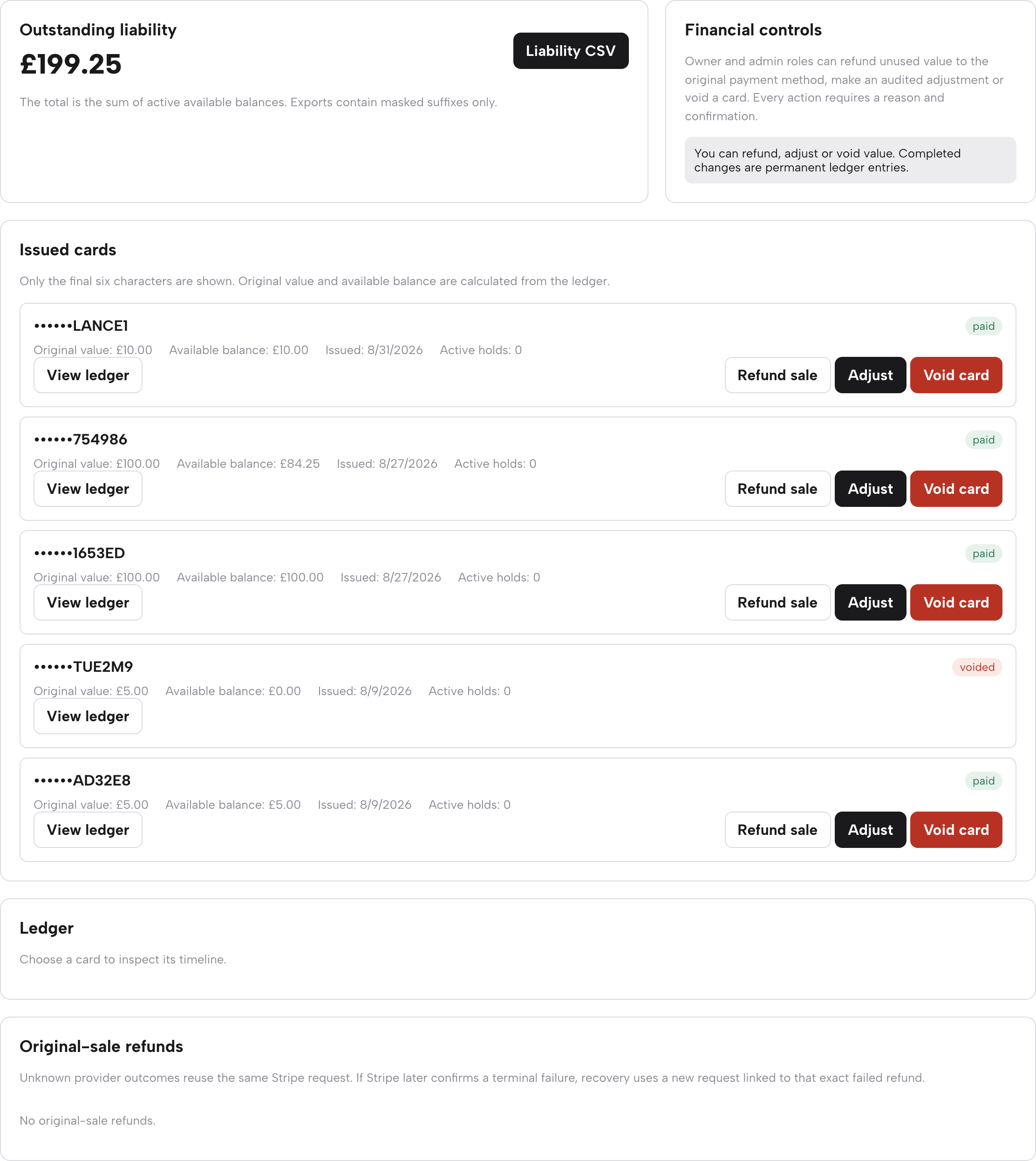 The Gift cards page: outstanding liability £199.25 with Liability CSV, the financial-controls note, and issued cards listed by masked suffix with balances, status pills and Refund sale / Adjust / Void card actions