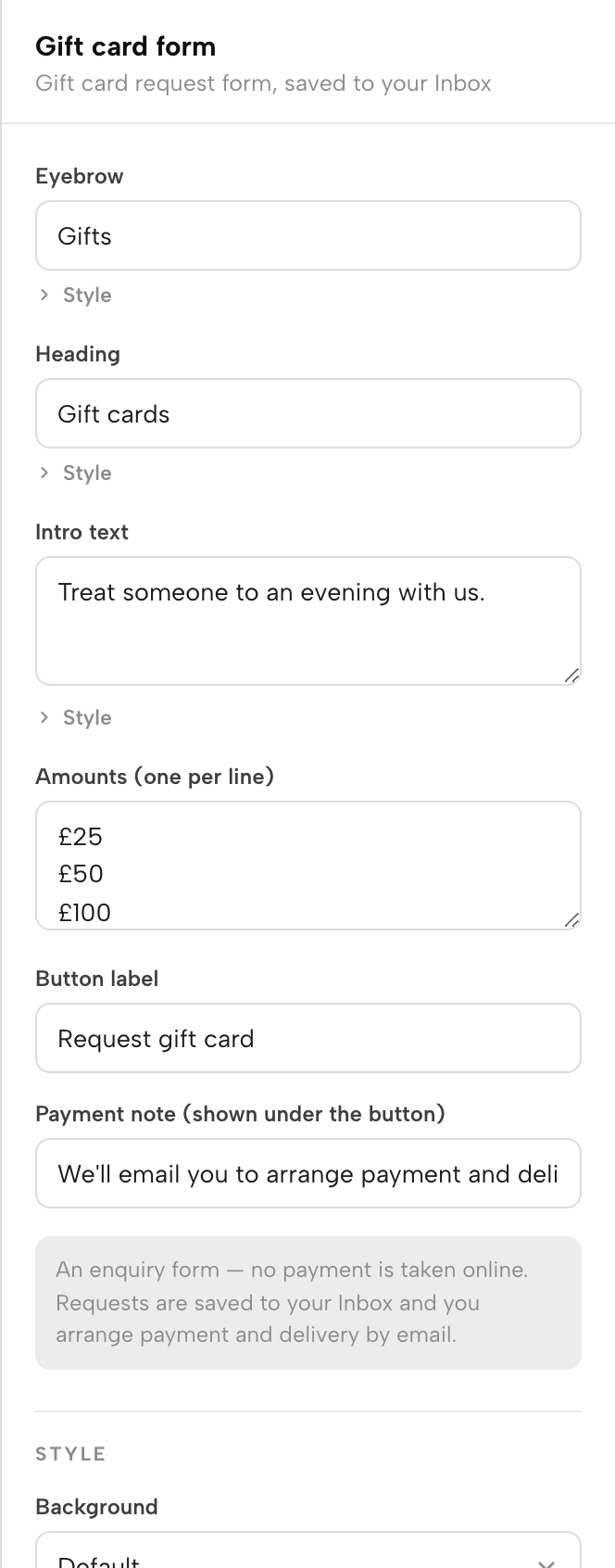 The Gift card form module's inspector in the Builder: heading, amount chips and button label fields