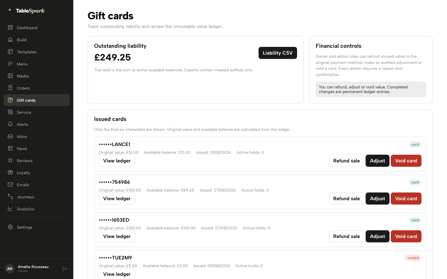 The Gift cards page with the outstanding liability total, the Financial controls note and the Liability CSV button
