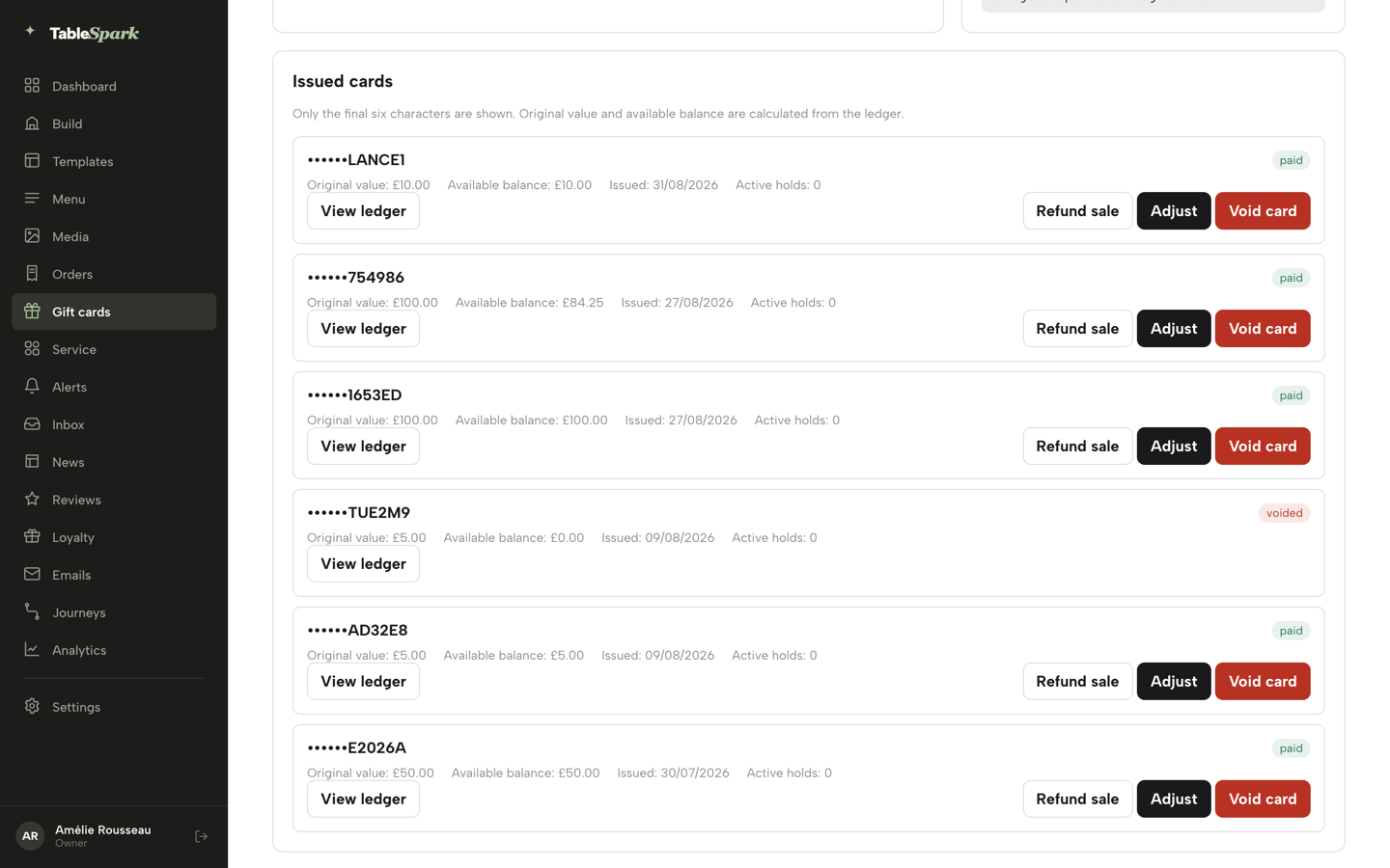 The Issued cards list on the Gift cards page with a View ledger button on each card