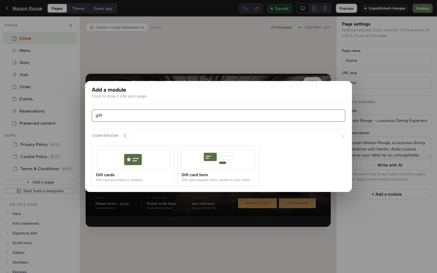The Add a module gallery searched for gift, showing the Gift cards and Gift card form modules