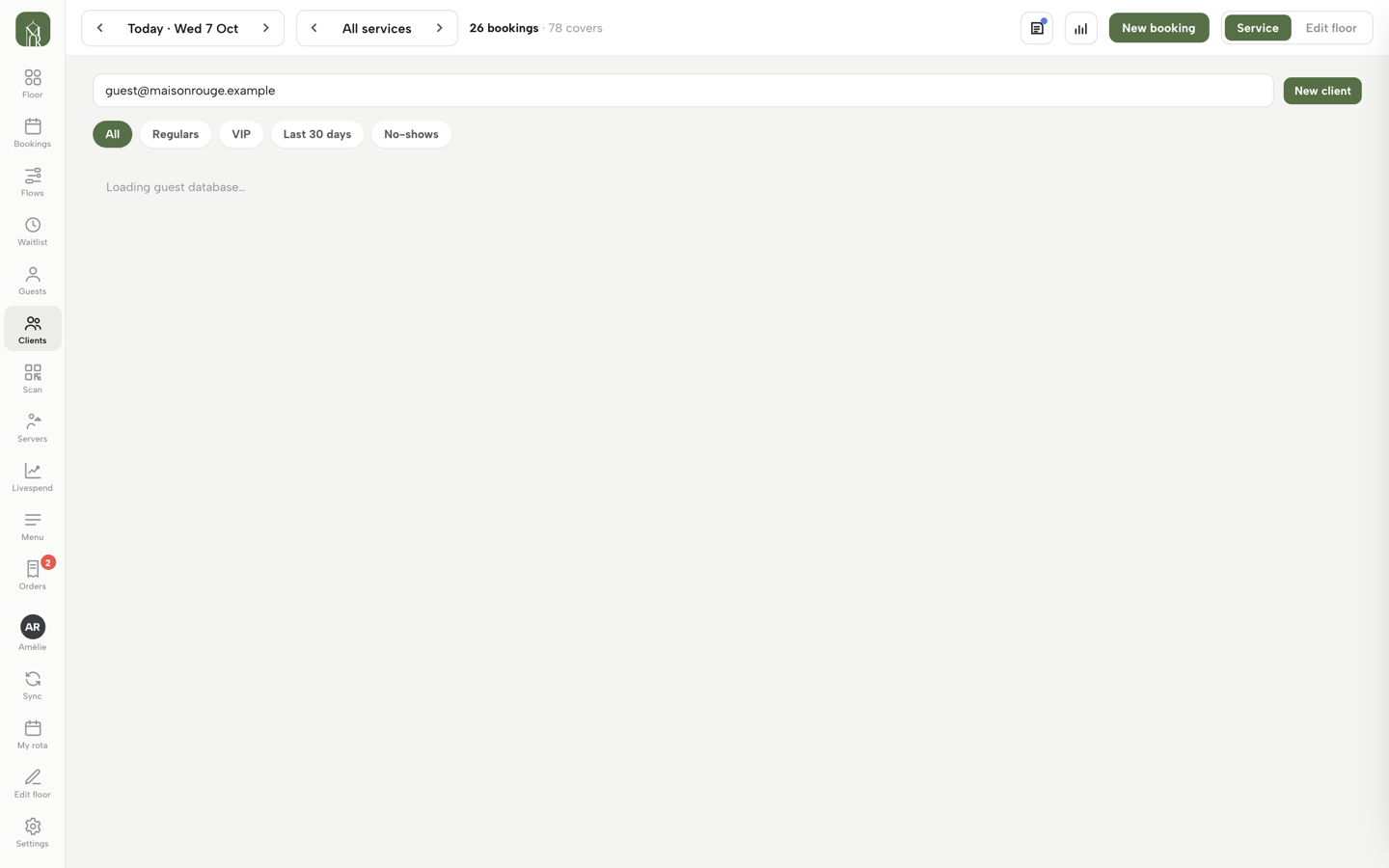 The Clients list searched for a guest, with the guest's row