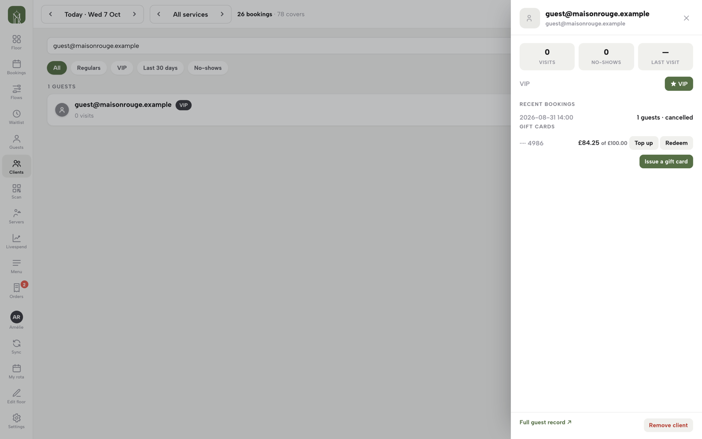 A guest sheet with one gift card on file, its balance, Top up and Redeem buttons, and the Issue a gift card button